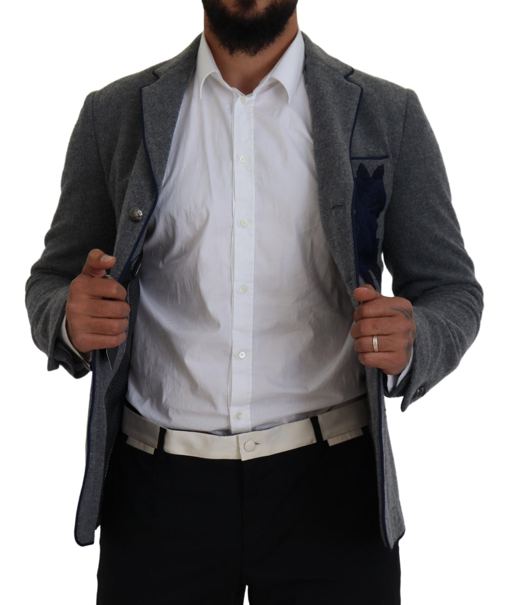 Dolce &amp; Gabbana Eleganter grauer Wollblazer mit blauer Rosenstickerei