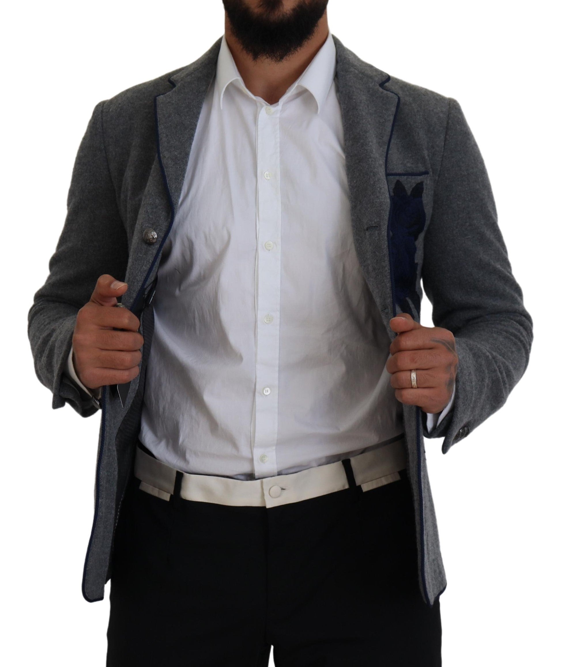Dolce &amp; Gabbana Eleganter grauer Wollblazer mit blauer Rosenstickerei