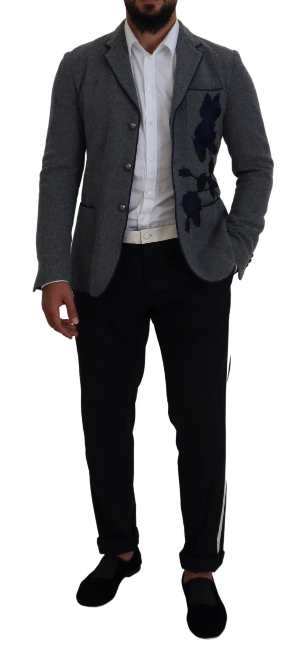 Dolce &amp; Gabbana Eleganter grauer Wollblazer mit blauer Rosenstickerei
