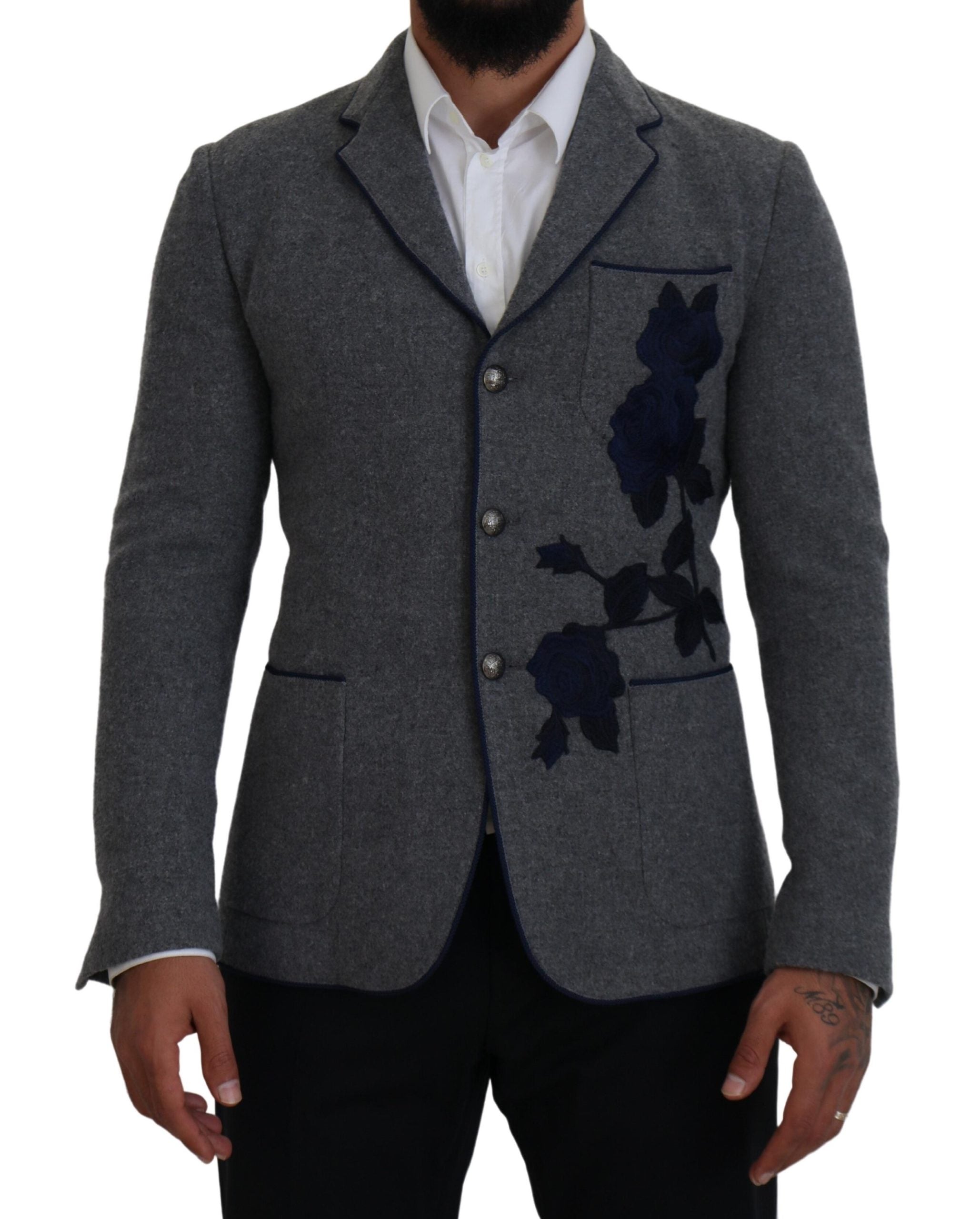 Dolce &amp; Gabbana Eleganter grauer Wollblazer mit blauer Rosenstickerei