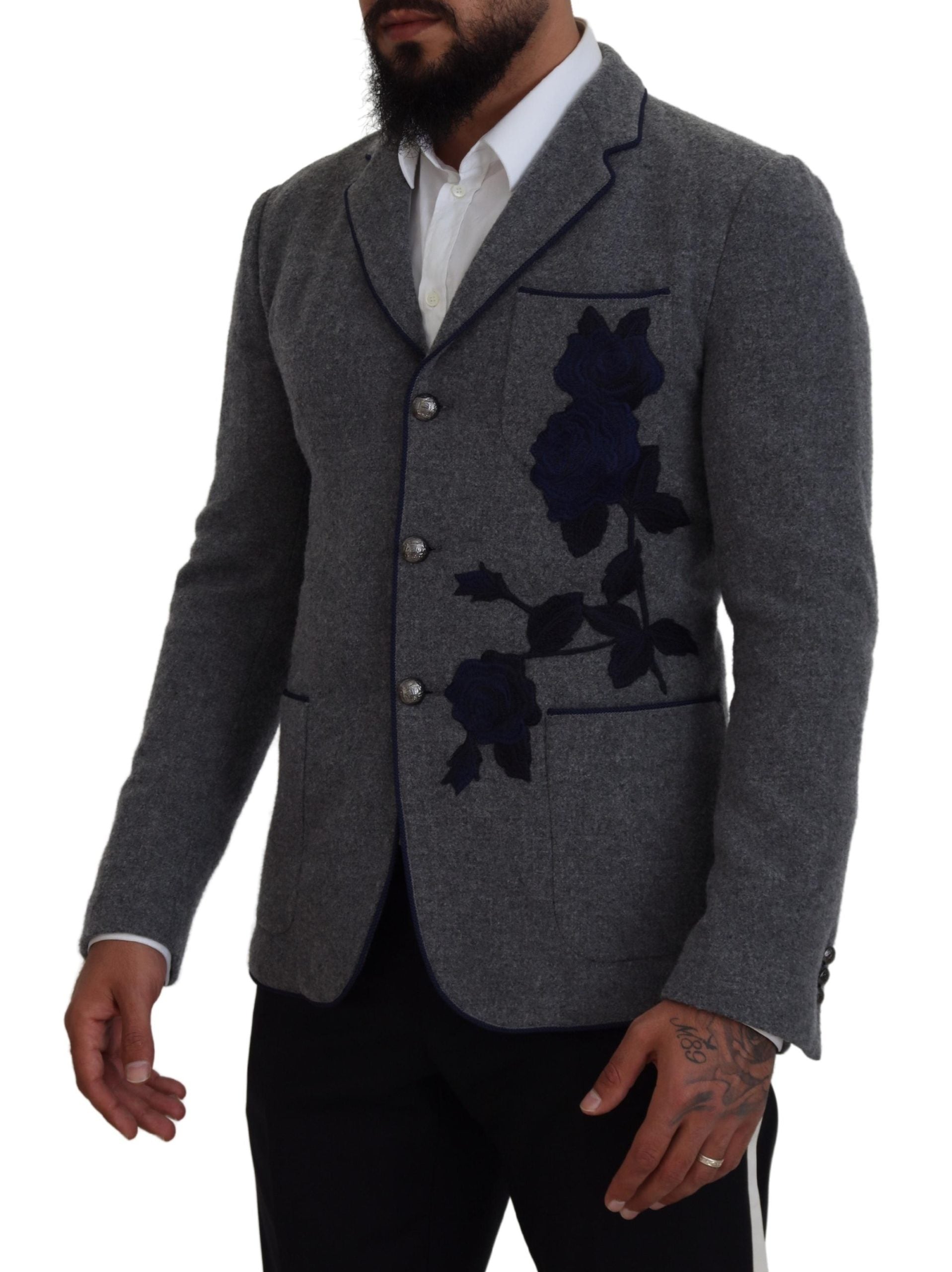 Dolce &amp; Gabbana Eleganter grauer Wollblazer mit blauer Rosenstickerei
