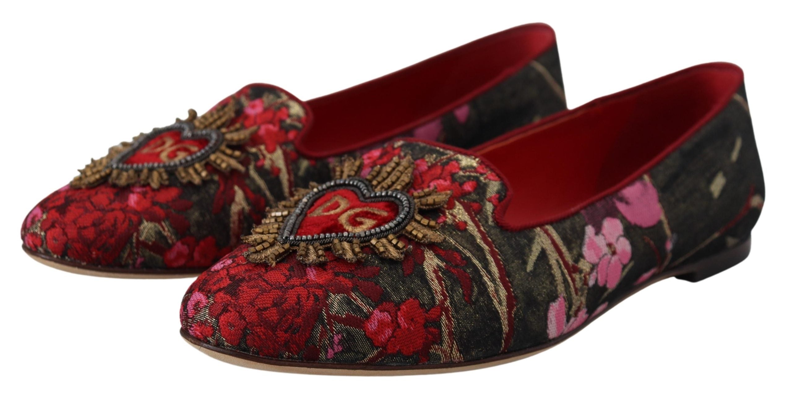 Dolce &amp; Gabbana – Mehrfarbige Ballerinas aus Leder und Stoff mit Herz-Jesu-Aufnäher