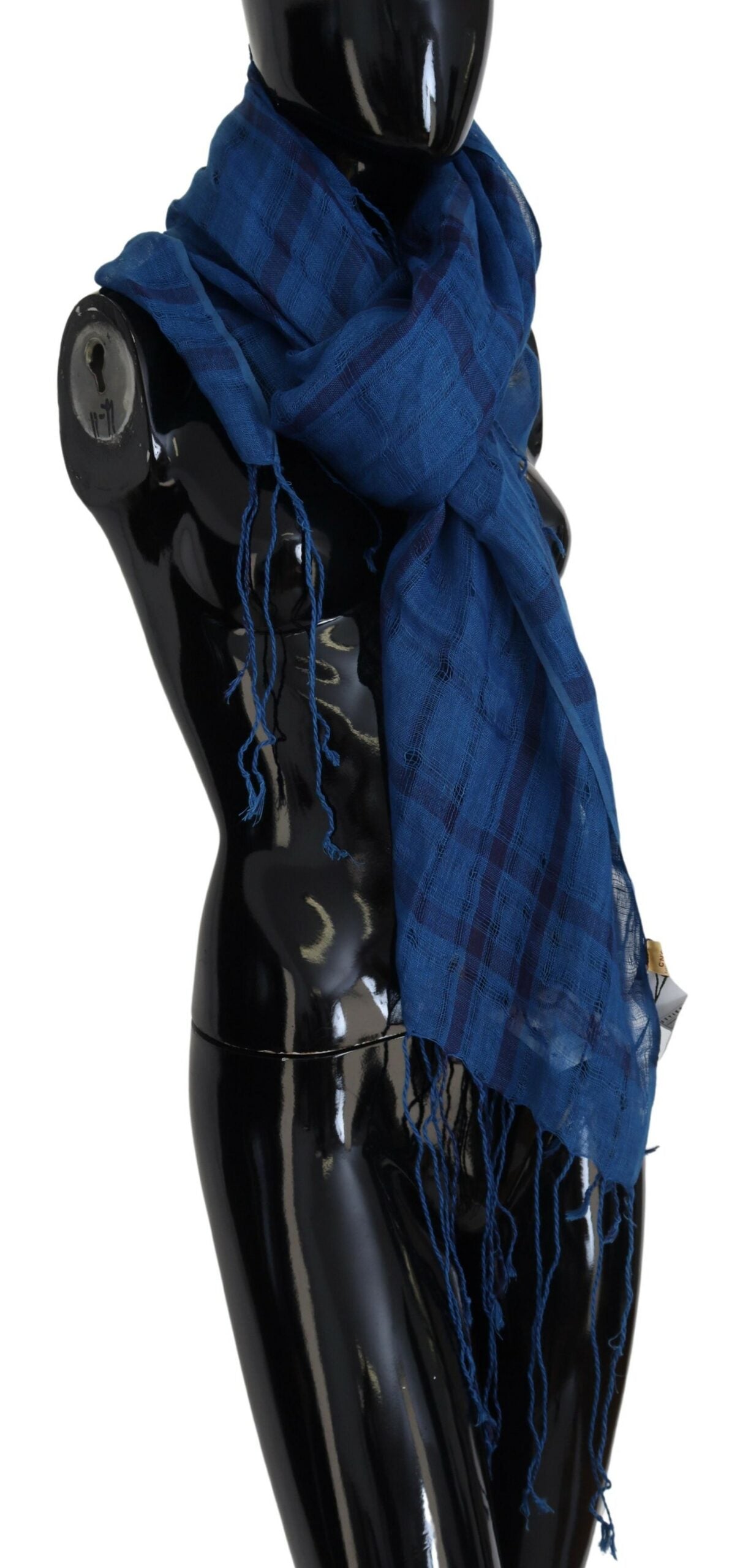Costume National – Schicker Leinenschal mit Fransen, blau kariert