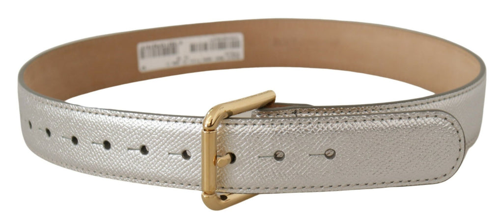 Dolce &amp; Gabbana Eleganter silberner Ledergürtel mit gravierter Schnalle