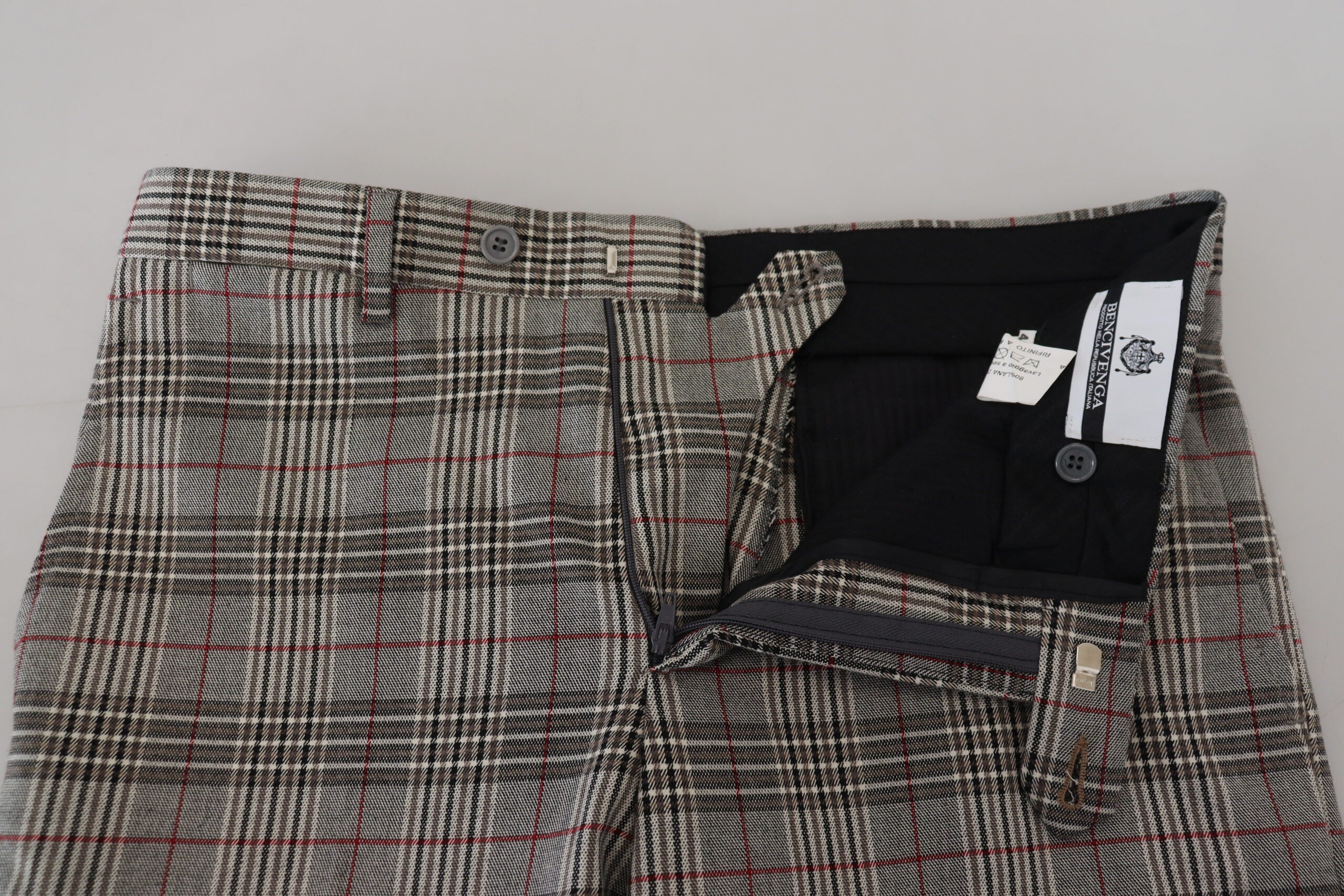BENCIVENGA Elegante Grau Karierte Slim Herrenhose
