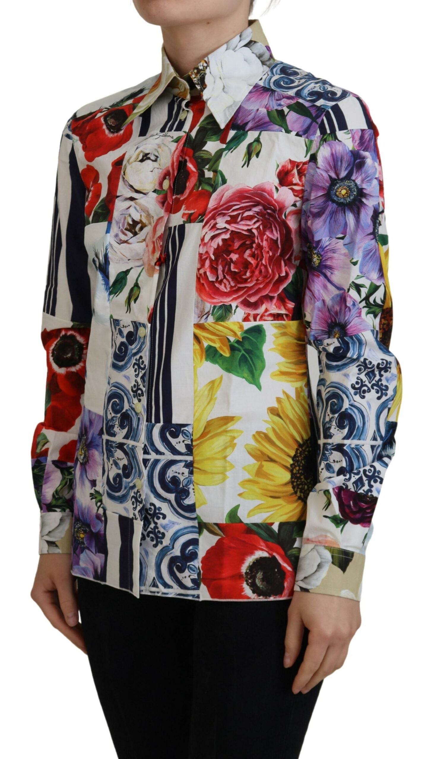Dolce &amp; Gabbana Elegantes Langarm-Oberteil aus Baumwolle mit Blumenmuster