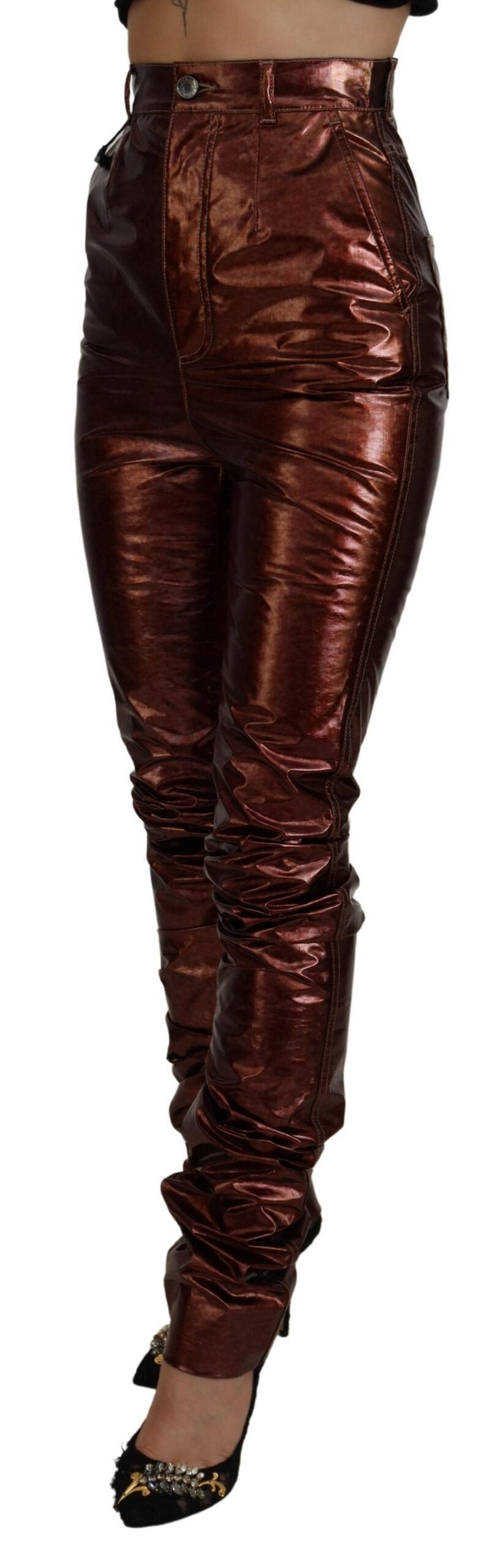 Dolce &amp; Gabbana – Skinny-Jeans mit hoher Taille in Metallic-Bronze