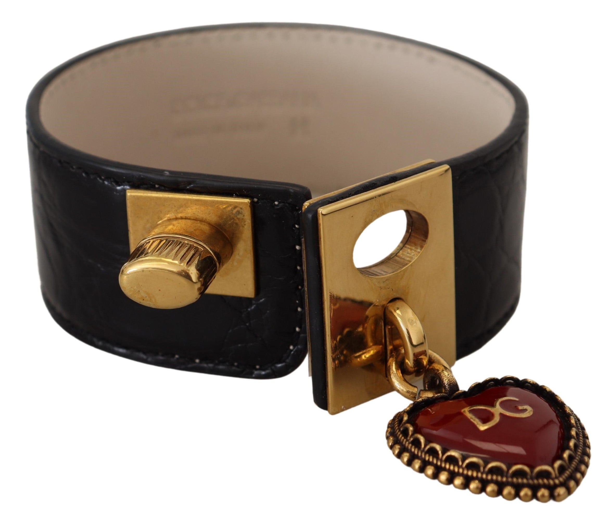 Dolce &amp; Gabbana Elegantes schwarzes Lederarmband mit Golddetails