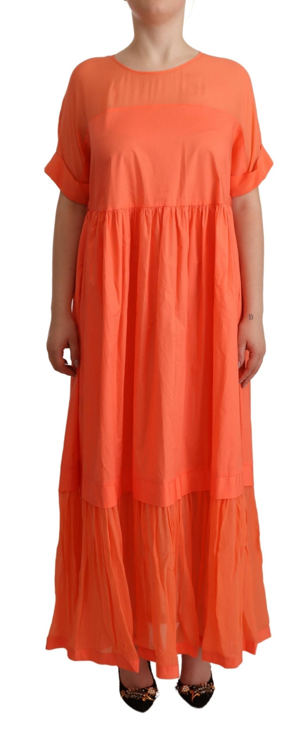 Twinset Elegantes korallenfarbenes Maxikleid mit kurzen Ärmeln
