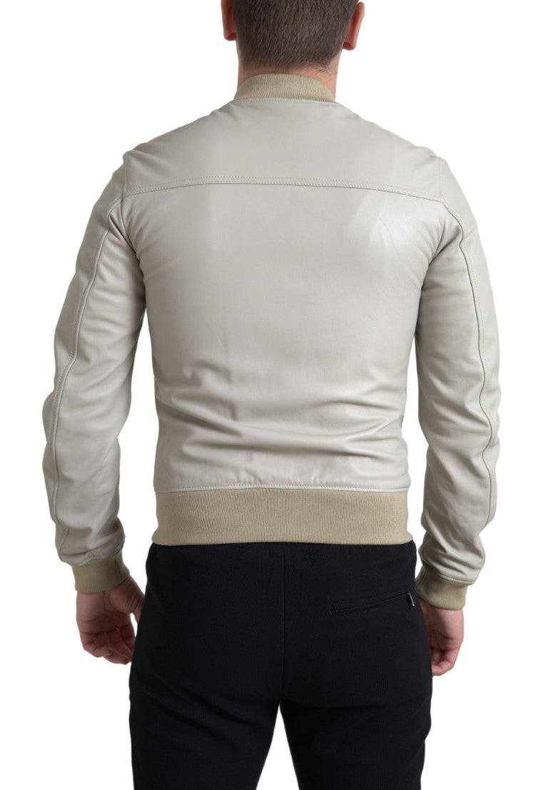 Dolce &amp; Gabbana – Cremefarbene Bomber-Blousonjacke aus Leder mit durchgehendem Reißverschluss