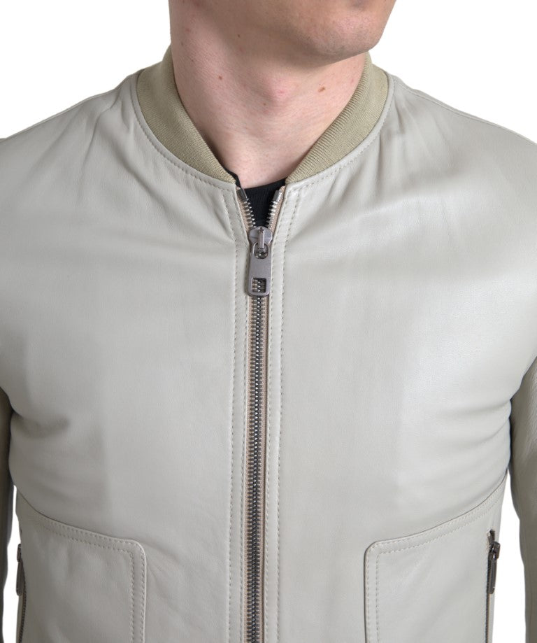 Dolce &amp; Gabbana – Cremefarbene Bomber-Blousonjacke aus Leder mit durchgehendem Reißverschluss