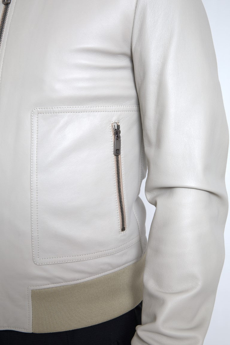 Dolce &amp; Gabbana – Cremefarbene Bomber-Blousonjacke aus Leder mit durchgehendem Reißverschluss