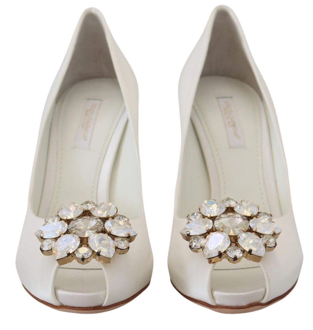 Dolce &amp; Gabbana – Weiße Peep-Toe-Pumps mit Kristallverzierung