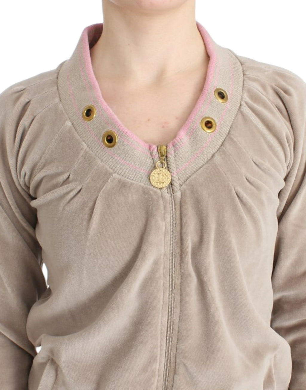 Cavalli – Beige Strickjacke mit Reißverschluss und goldfarbenen Akzenten