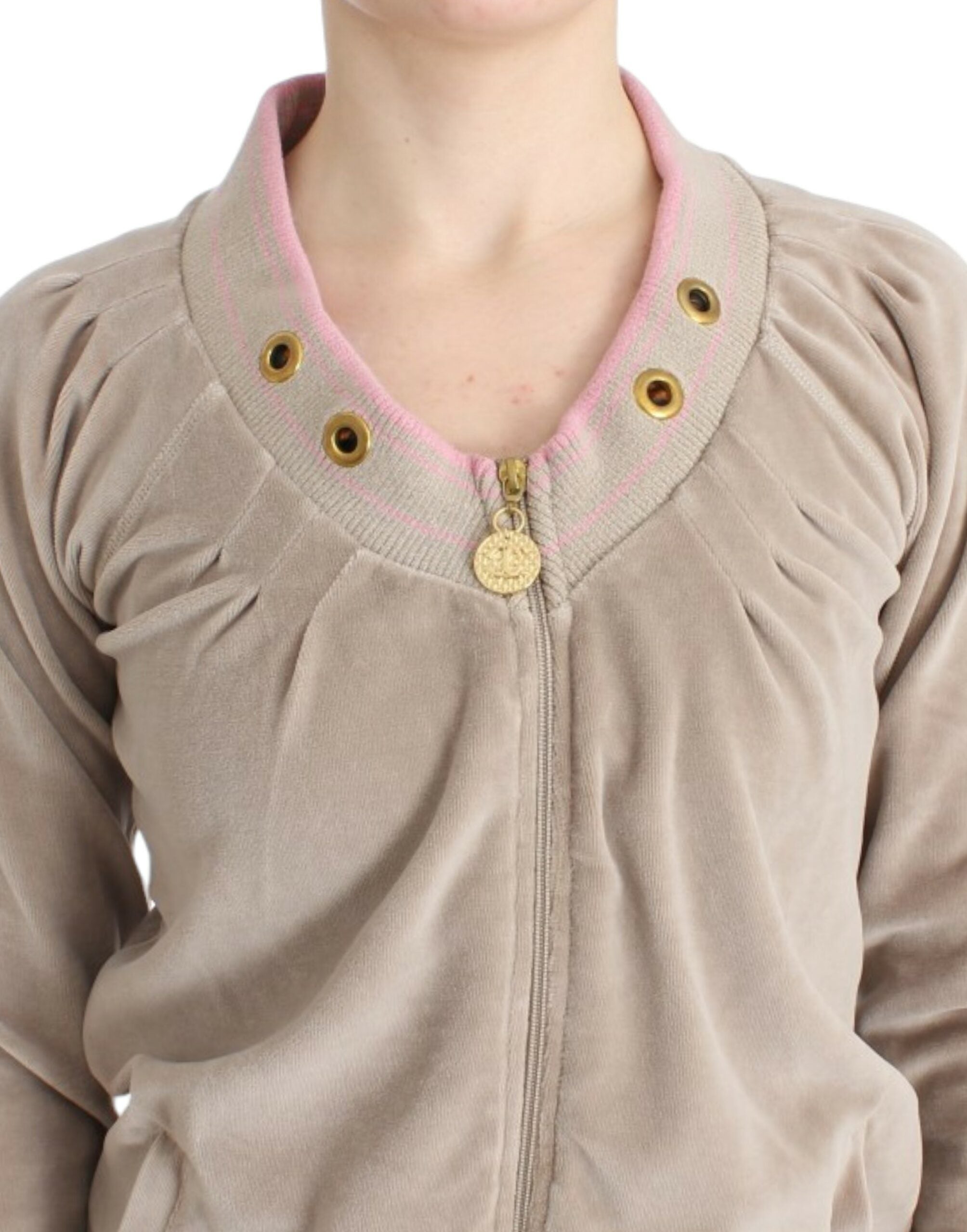Cavalli – Beige Strickjacke mit Reißverschluss und goldfarbenen Akzenten