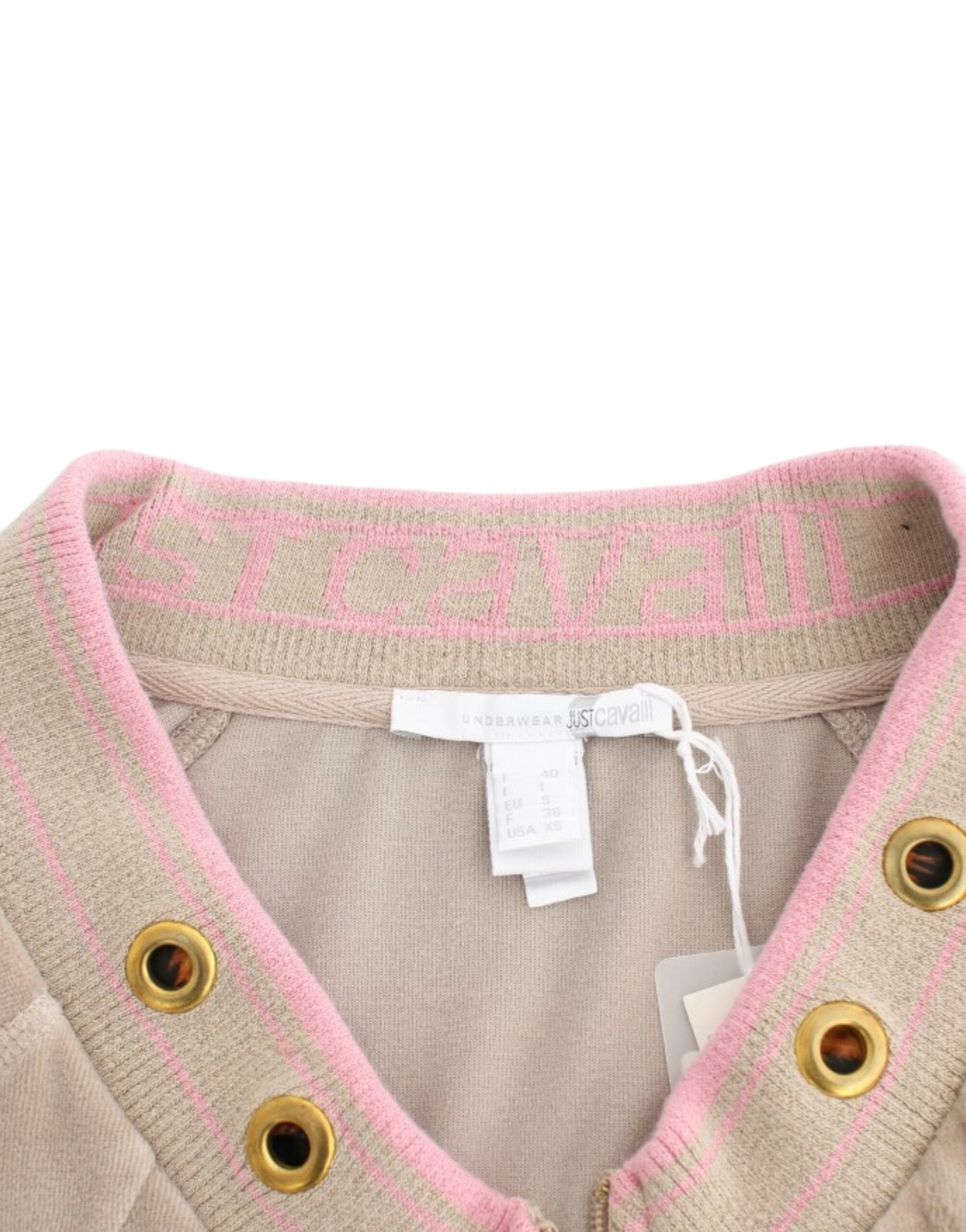 Cavalli – Beige Strickjacke mit Reißverschluss und goldfarbenen Akzenten