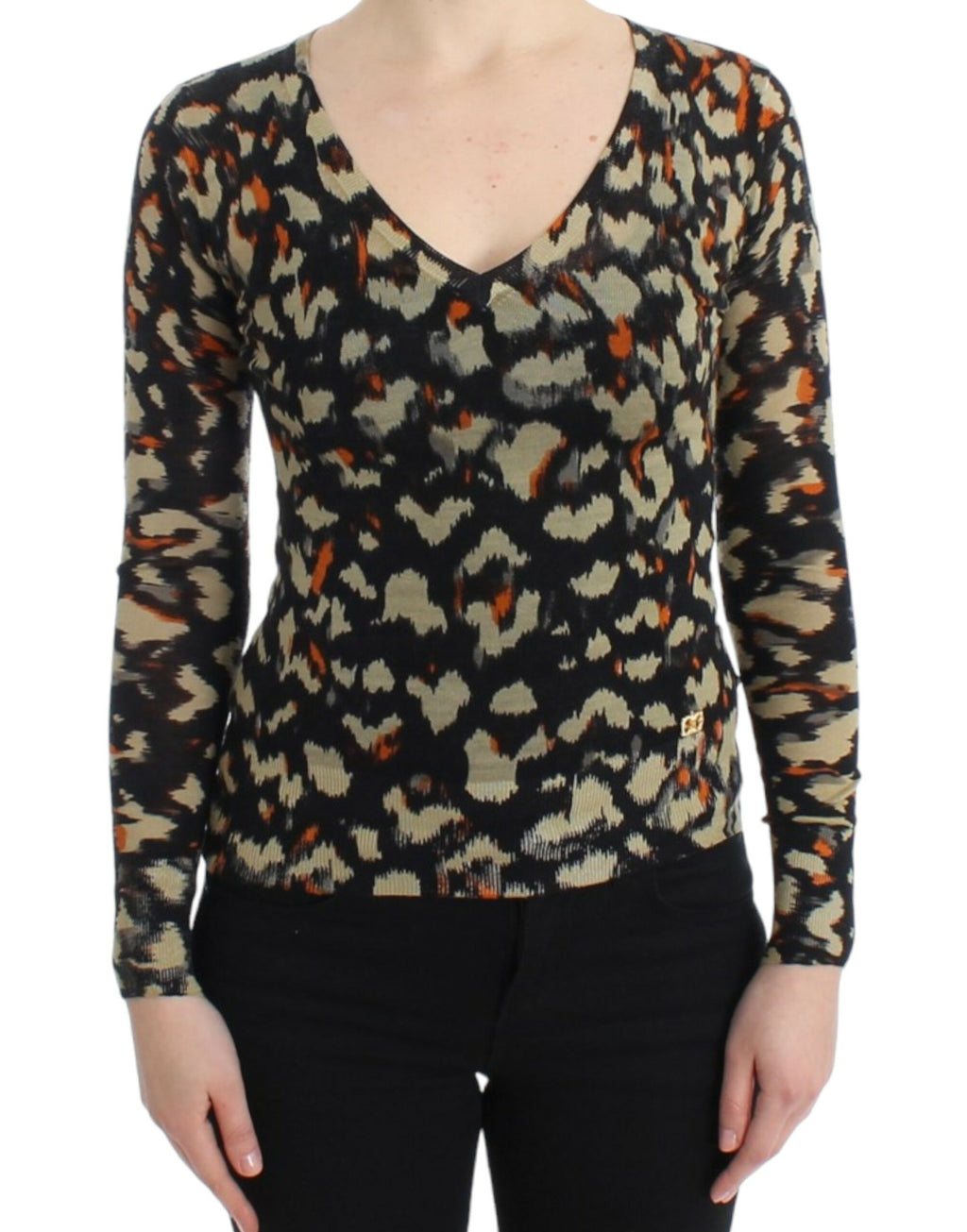 Cavalli – Eleganter, mehrfarbiger Wollpullover mit V-Ausschnitt