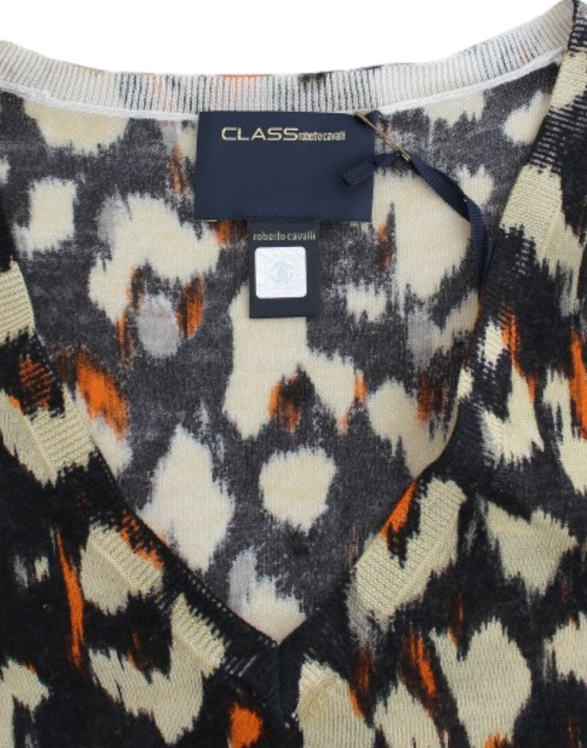 Cavalli – Eleganter, mehrfarbiger Wollpullover mit V-Ausschnitt