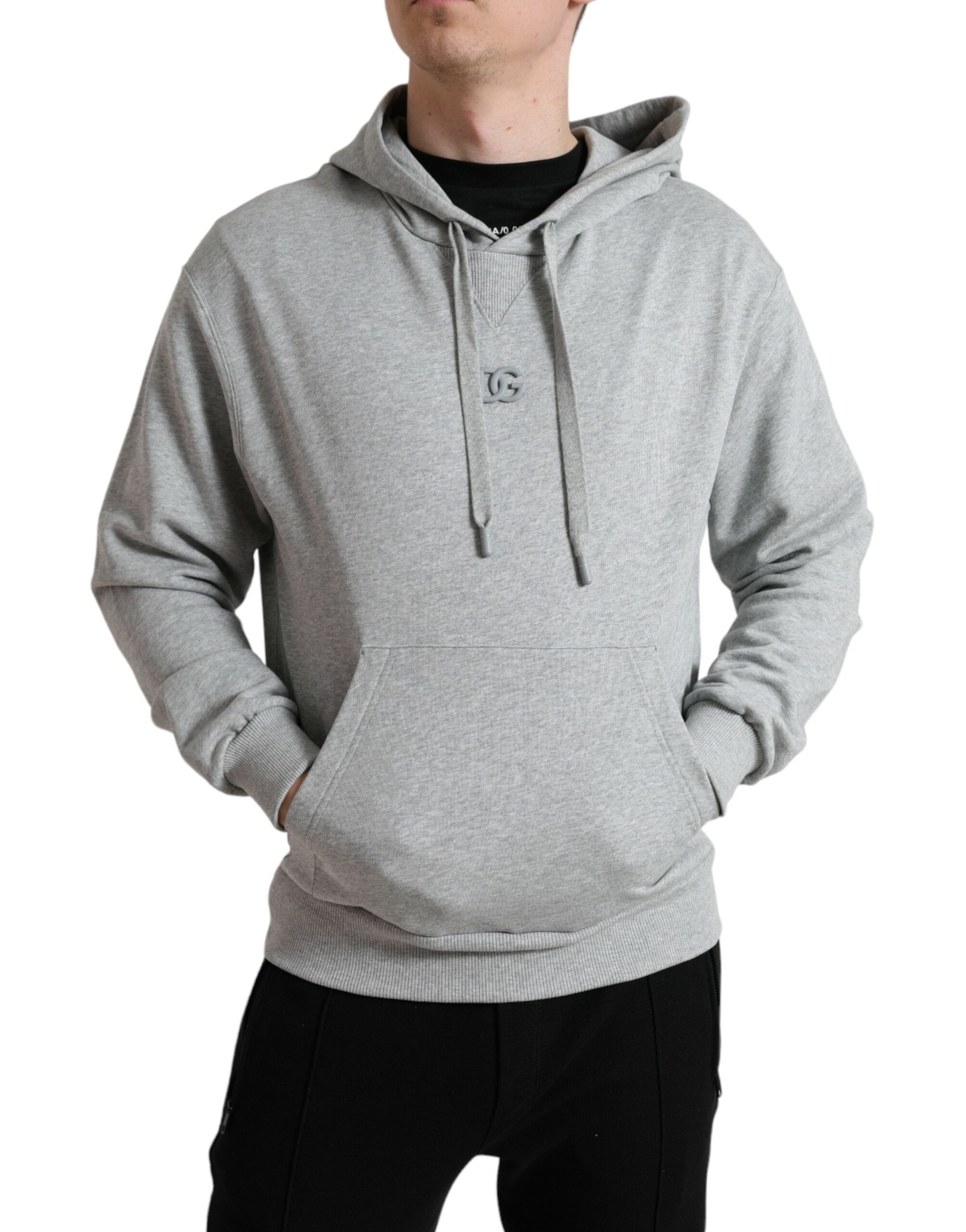 Dolce &amp; Gabbana Chic Grauer Baumwollpullover mit Kapuze und Logo