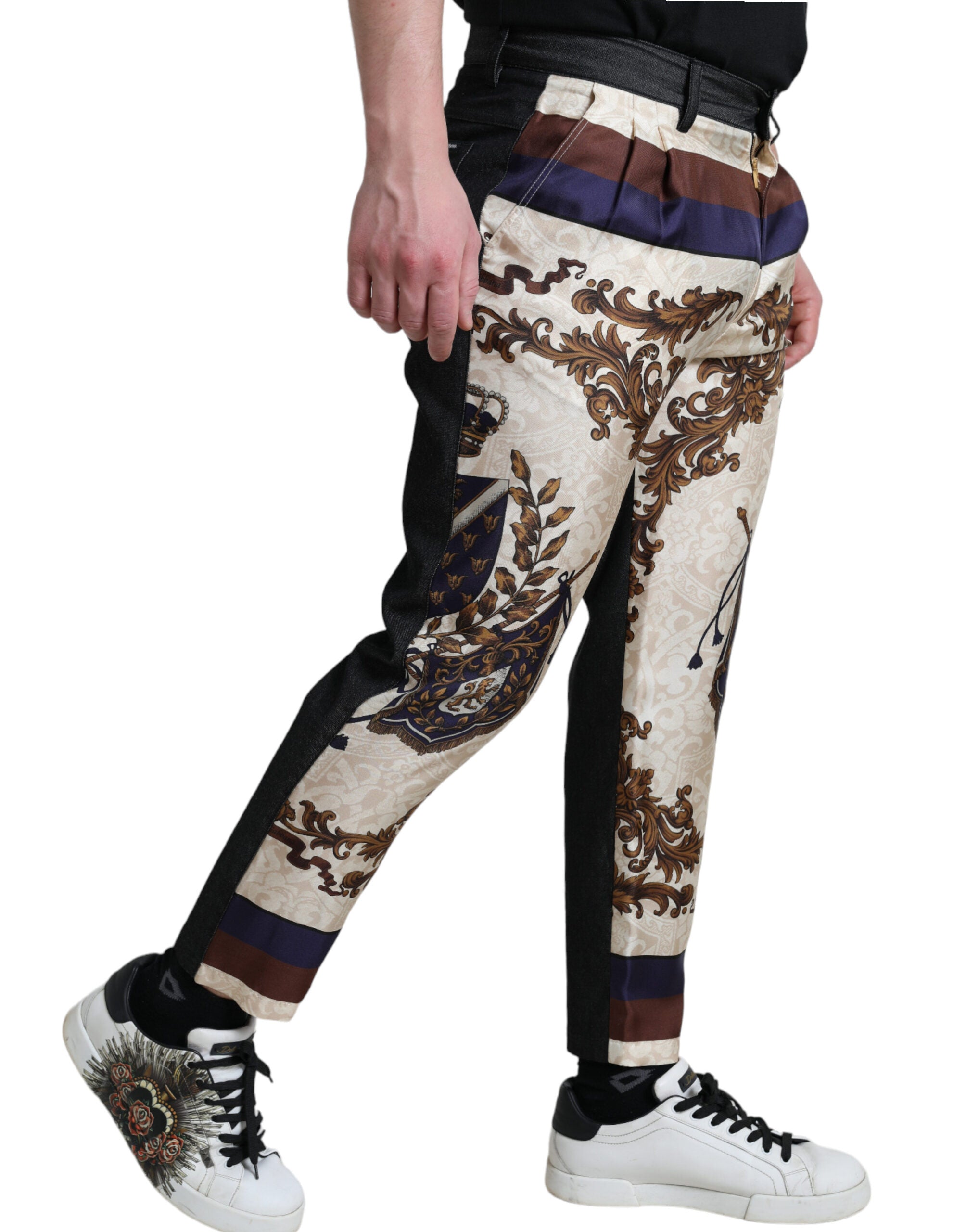 Dolce &amp; Gabbana Elegante Skinny-Hose aus Seide mit heraldischem Print