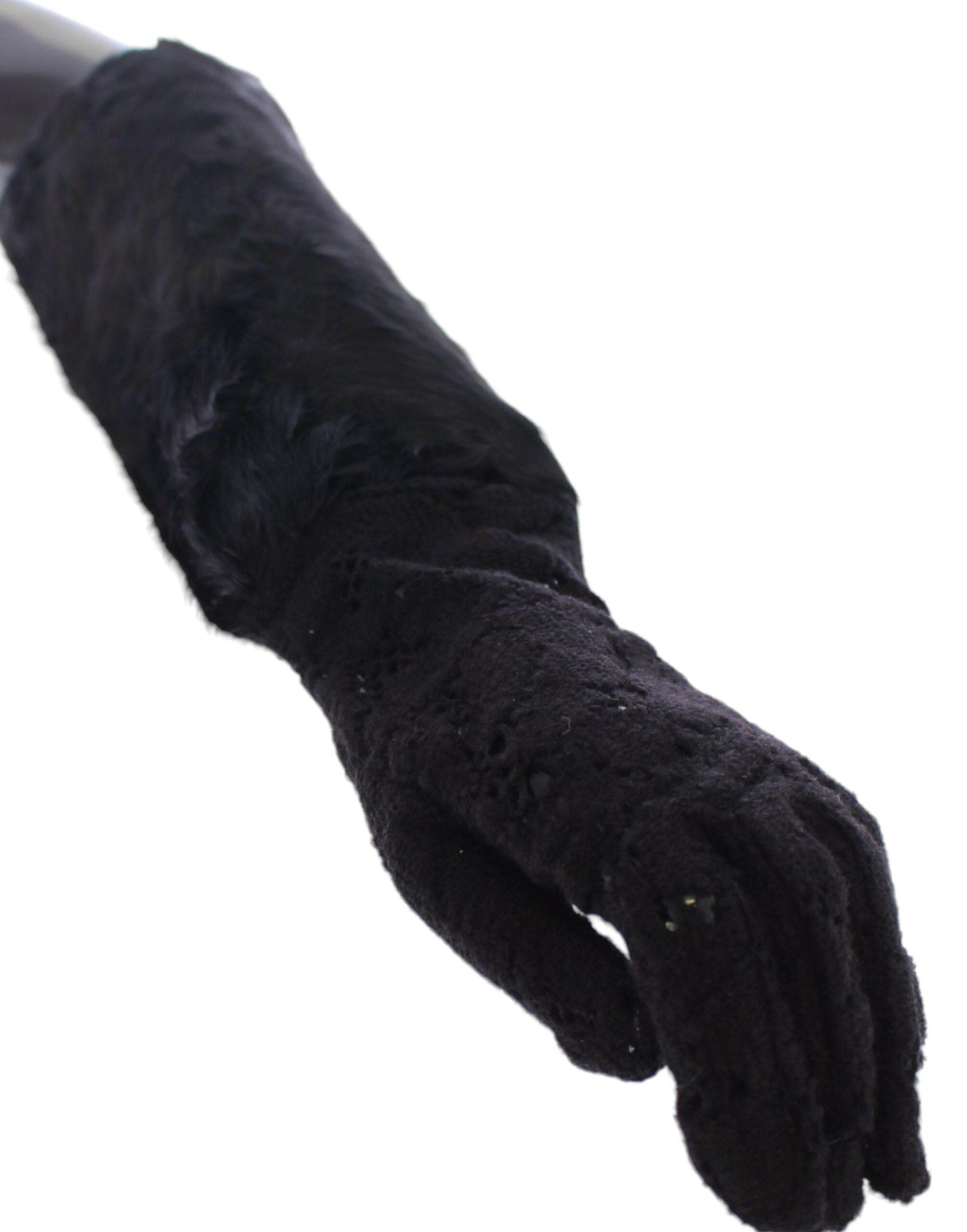 Dolce &amp; Gabbana – Schwarze Ellbogenhandschuhe aus Wollspitze und Lammfell