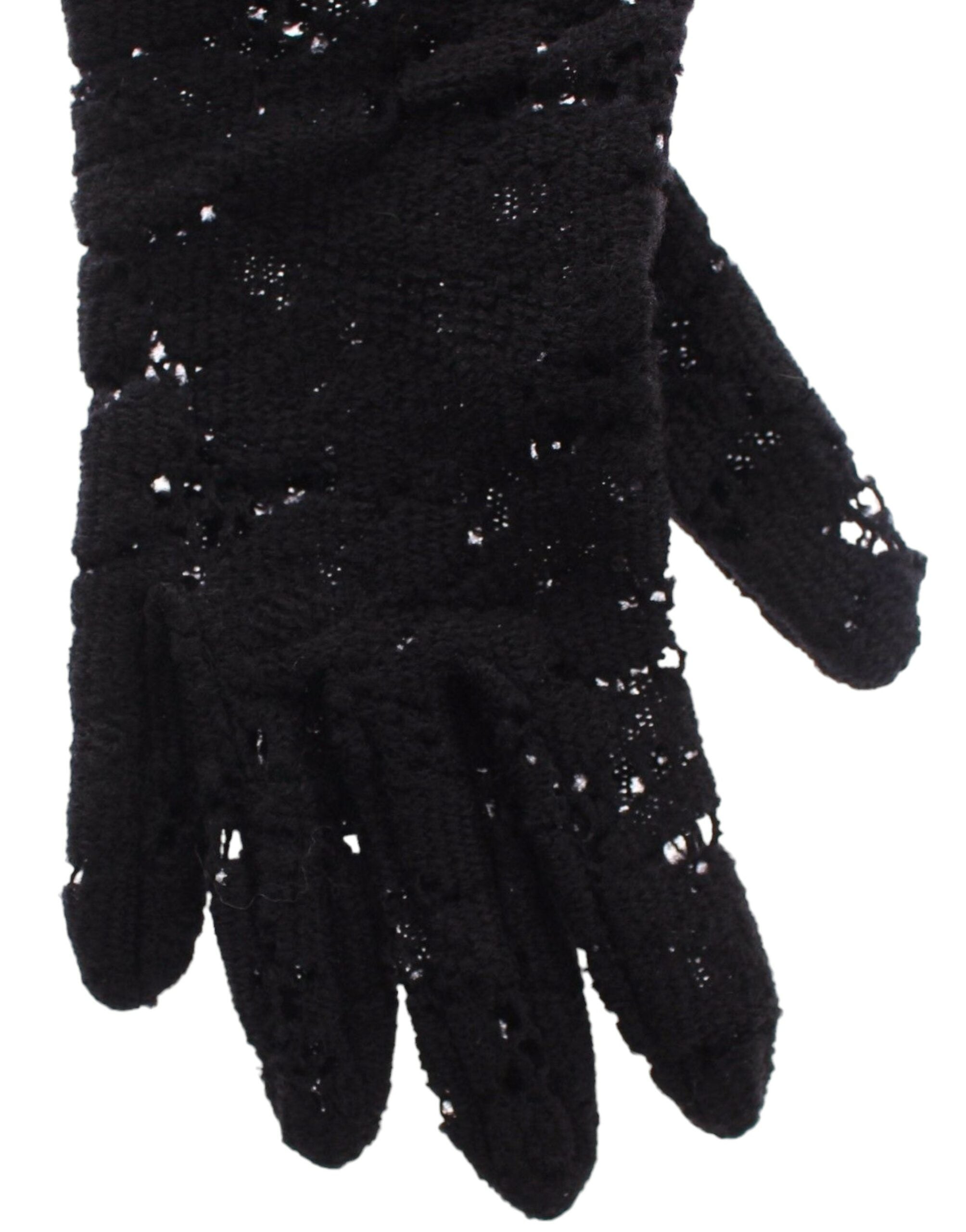 Dolce &amp; Gabbana – Schwarze Ellbogenhandschuhe aus Wollspitze und Lammfell