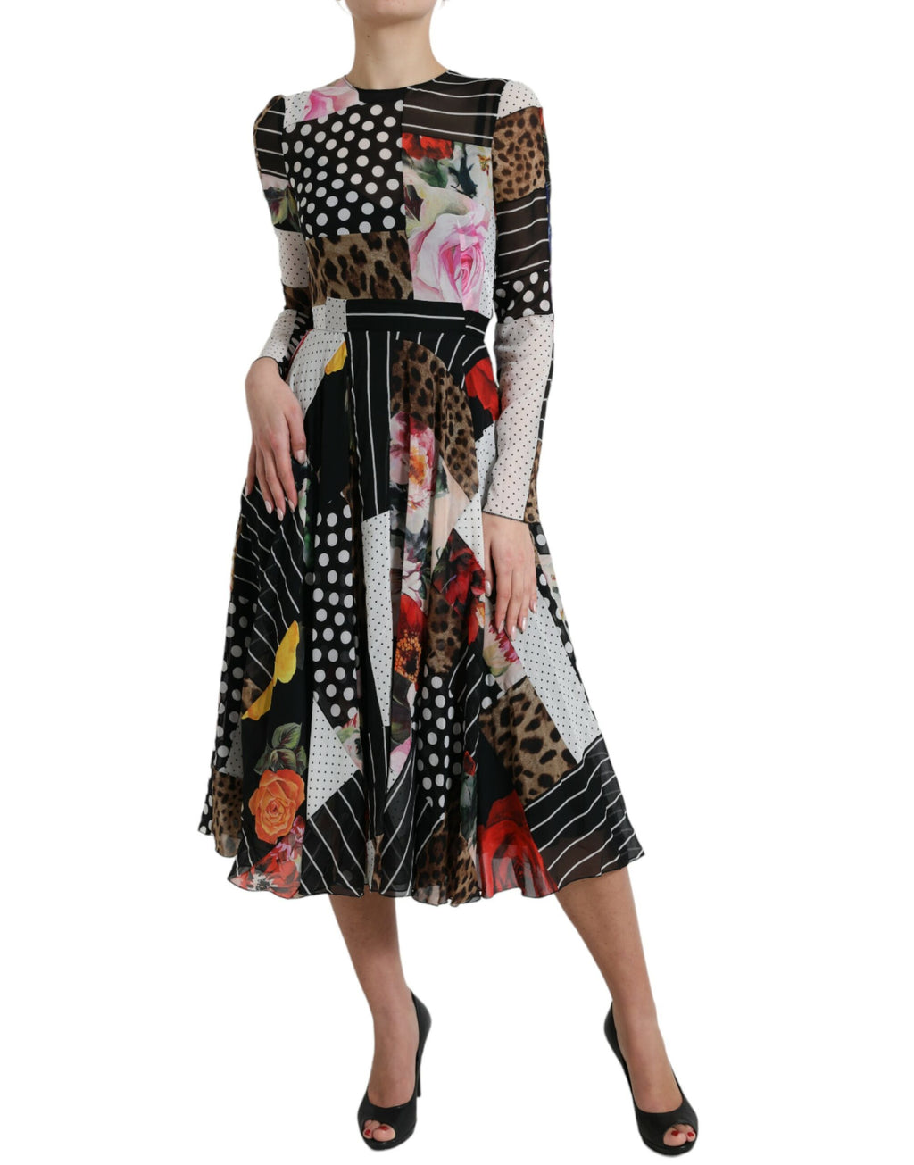 Dolce &amp; Gabbana Elegantes Patchwork-Midikleid aus Seide in A-Linie