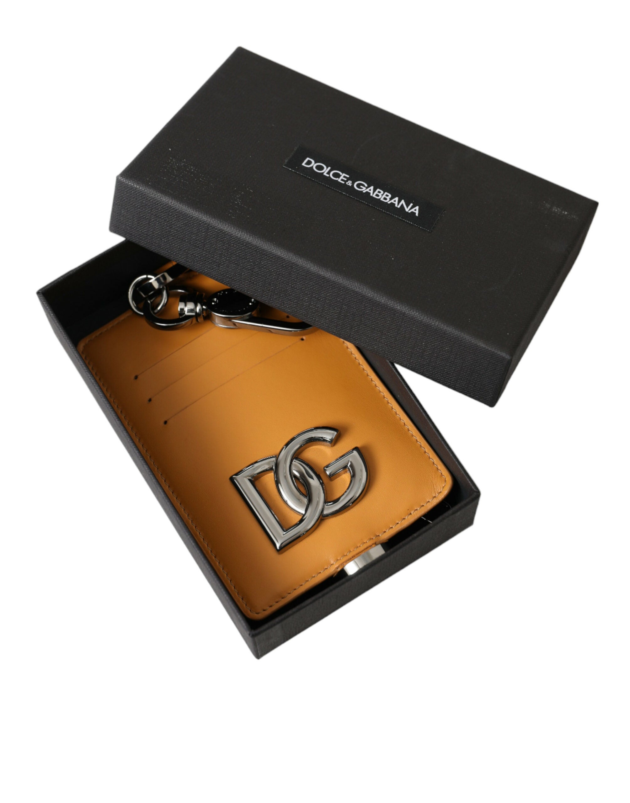 Dolce &amp; Gabbana Eleganter Kartenhalter aus orangefarbenem Kalbsleder