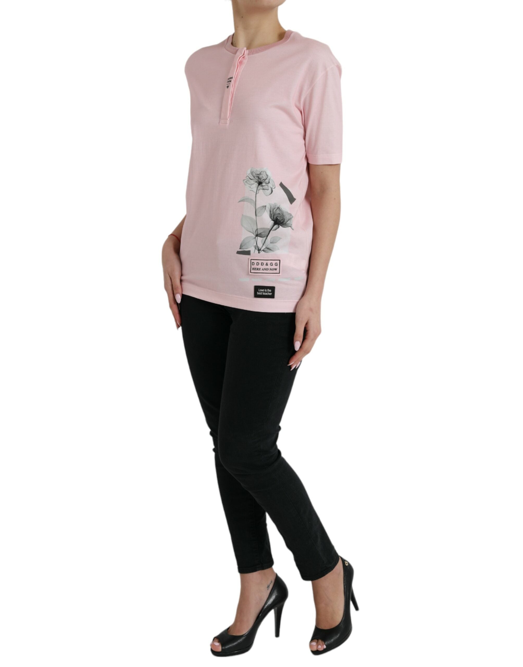 Dolce &amp; Gabbana – Rosafarbenes T-Shirt aus Baumwolle mit kurzen Ärmeln und Blumendruck