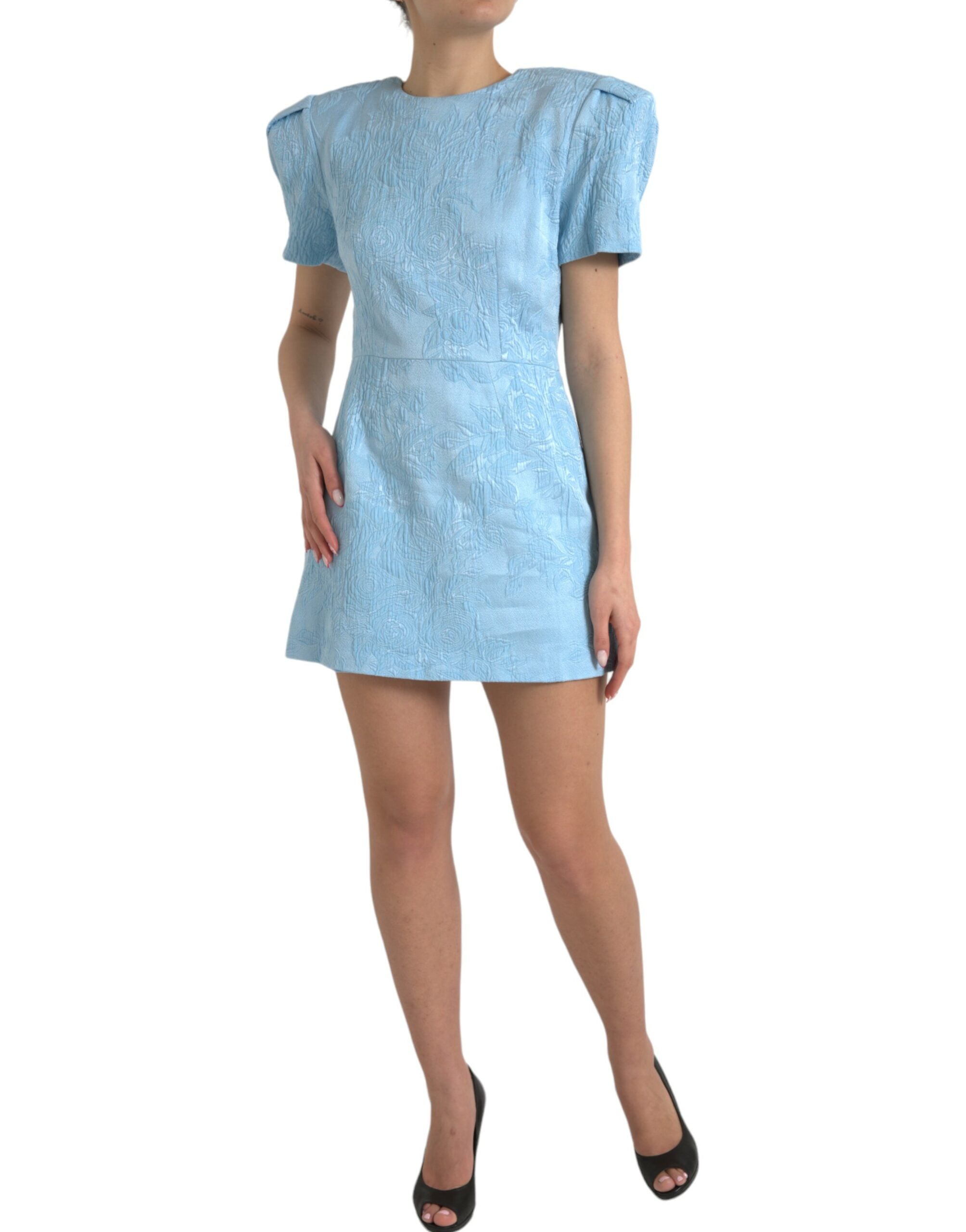 Dolce &amp; Gabbana Elegantes himmelblaues Jacquard-Minikleid mit Blumenmuster