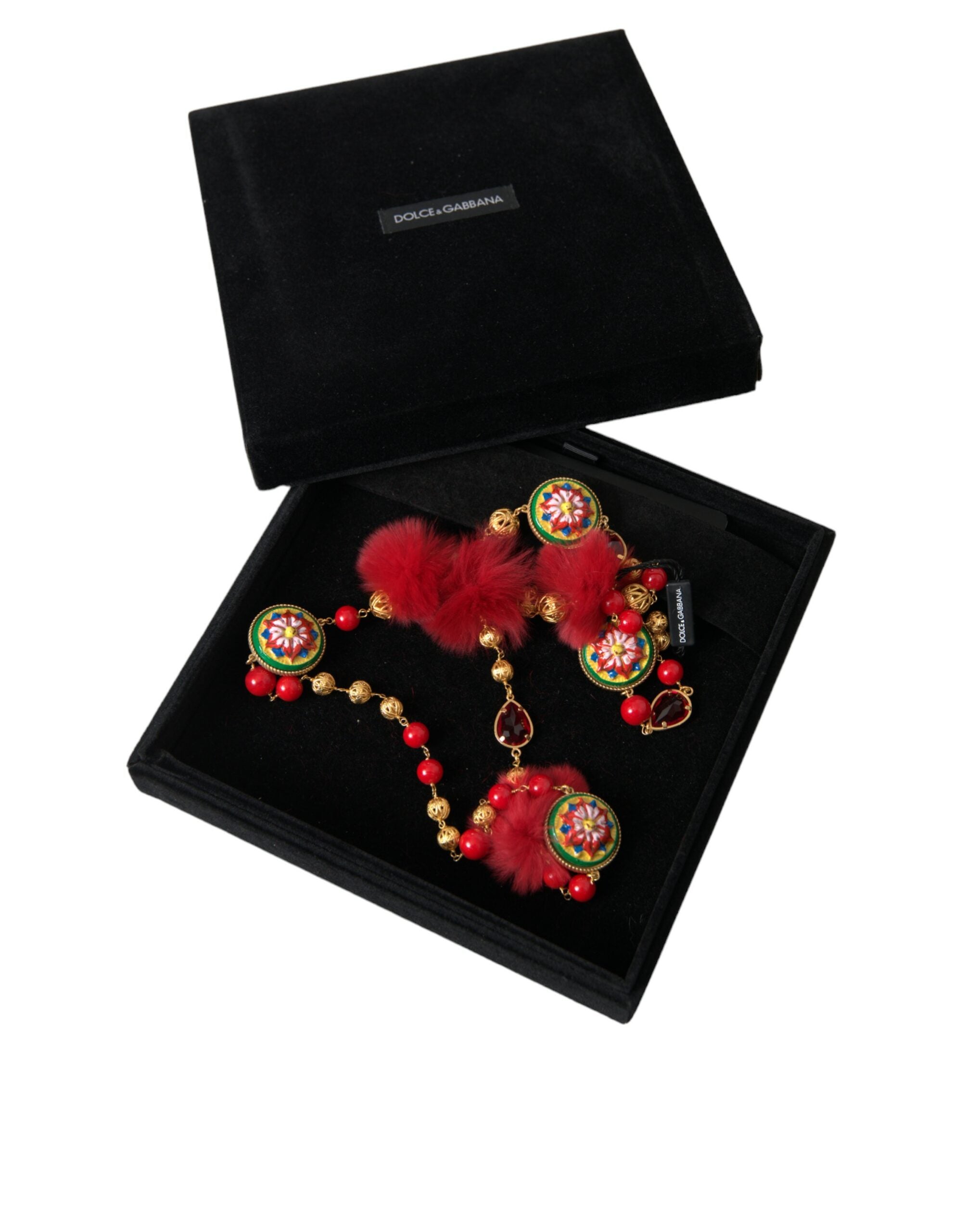 Dolce &amp; Gabbana Carretto-Kettenhalskette aus goldenem Messing mit rotem Pelz und Kristallen