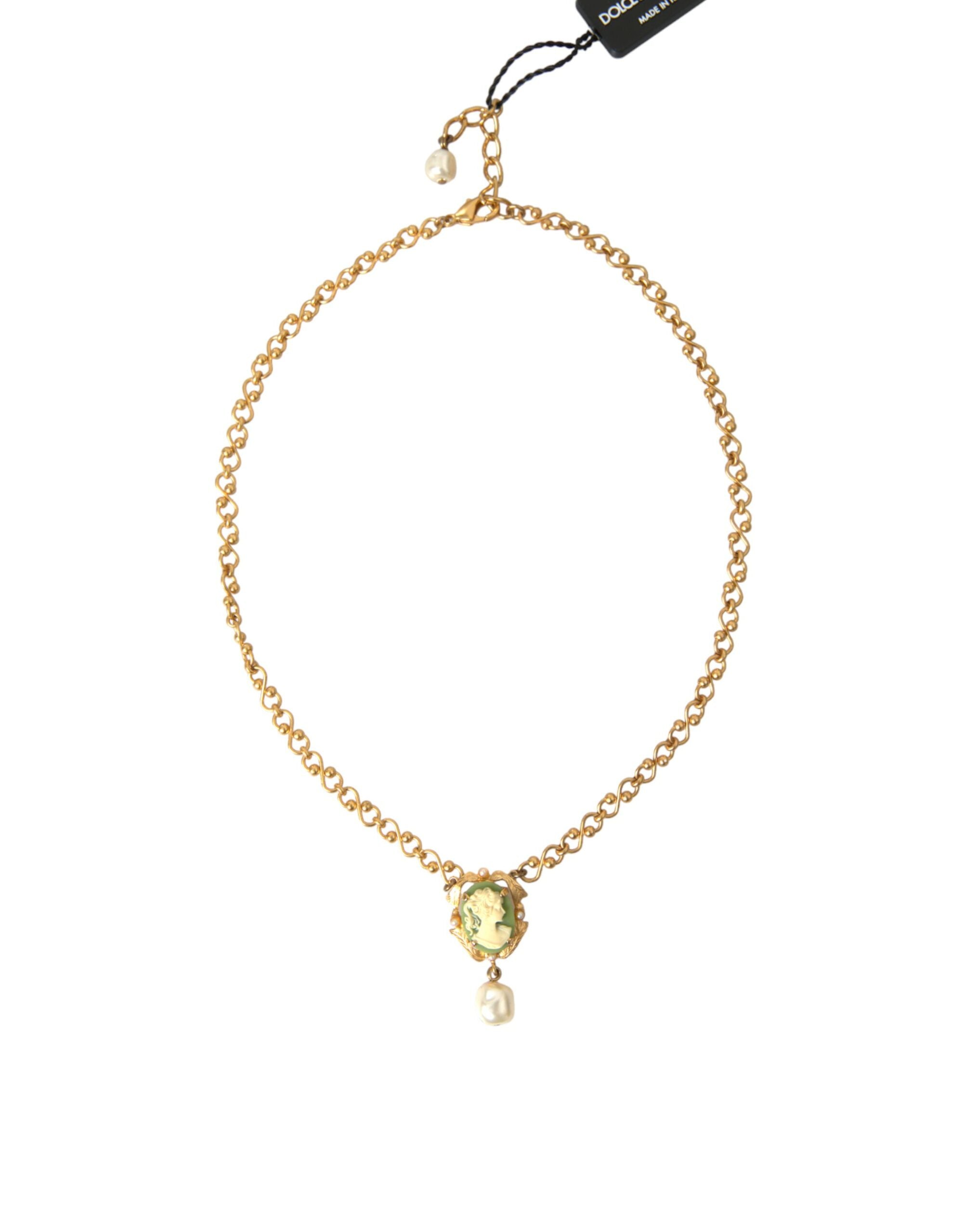 Dolce &amp; Gabbana Halskette mit Perlenanhänger aus goldener Messingkette