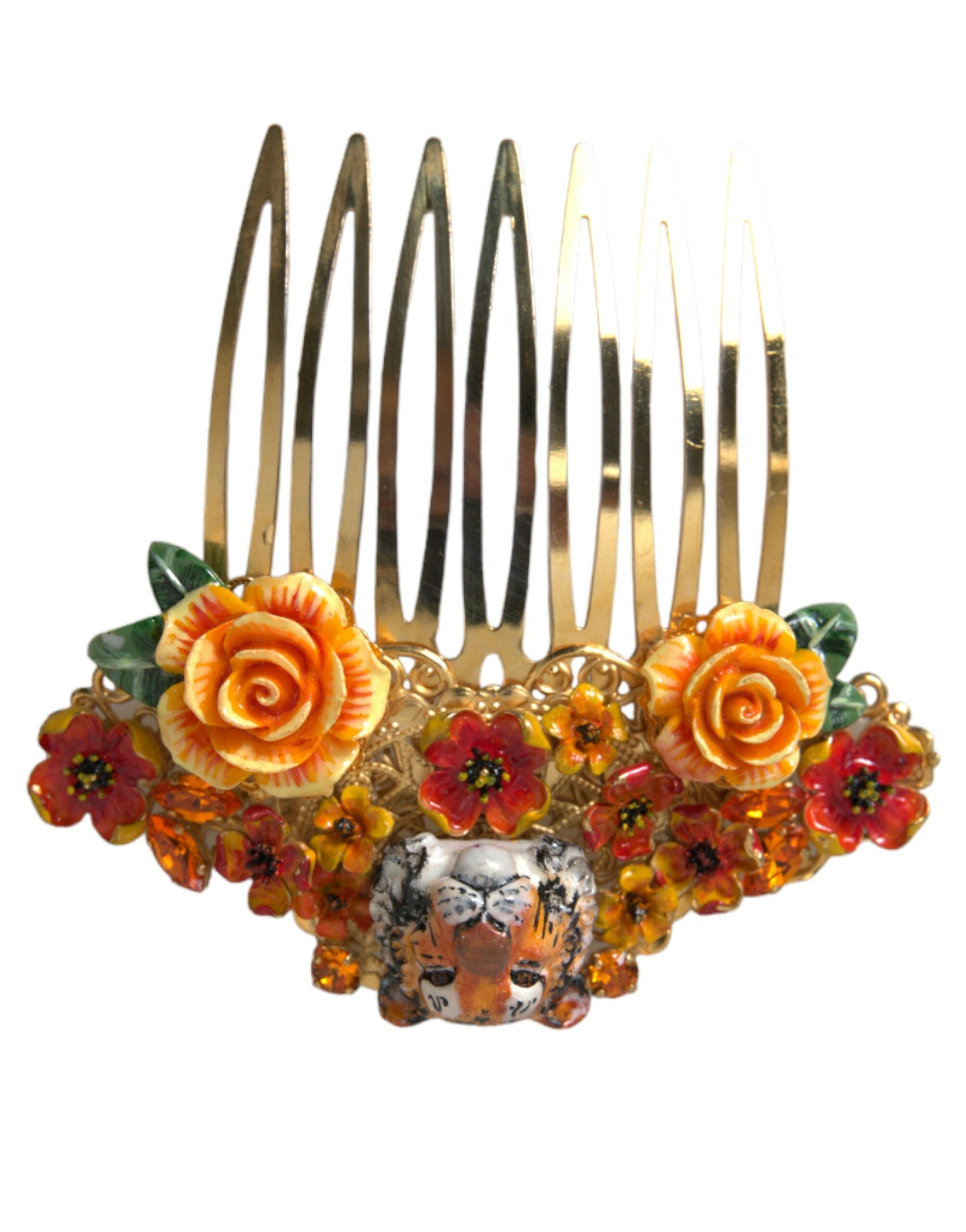 Dolce &amp; Gabbana – Haarkamm aus goldenem Messing mit Kristallen und Leopardenmuster