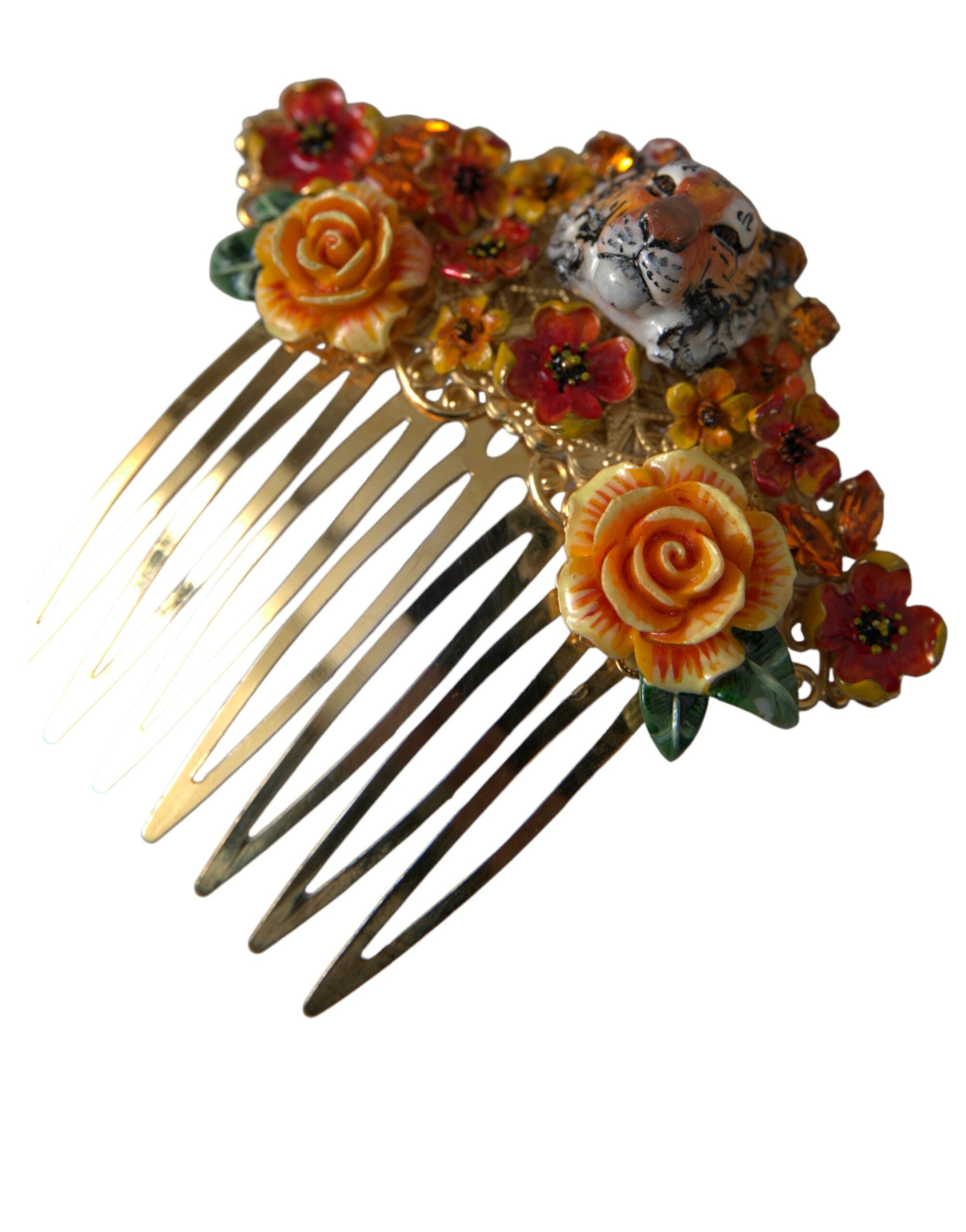 Dolce &amp; Gabbana – Haarkamm aus goldenem Messing mit Kristallen und Leopardenmuster