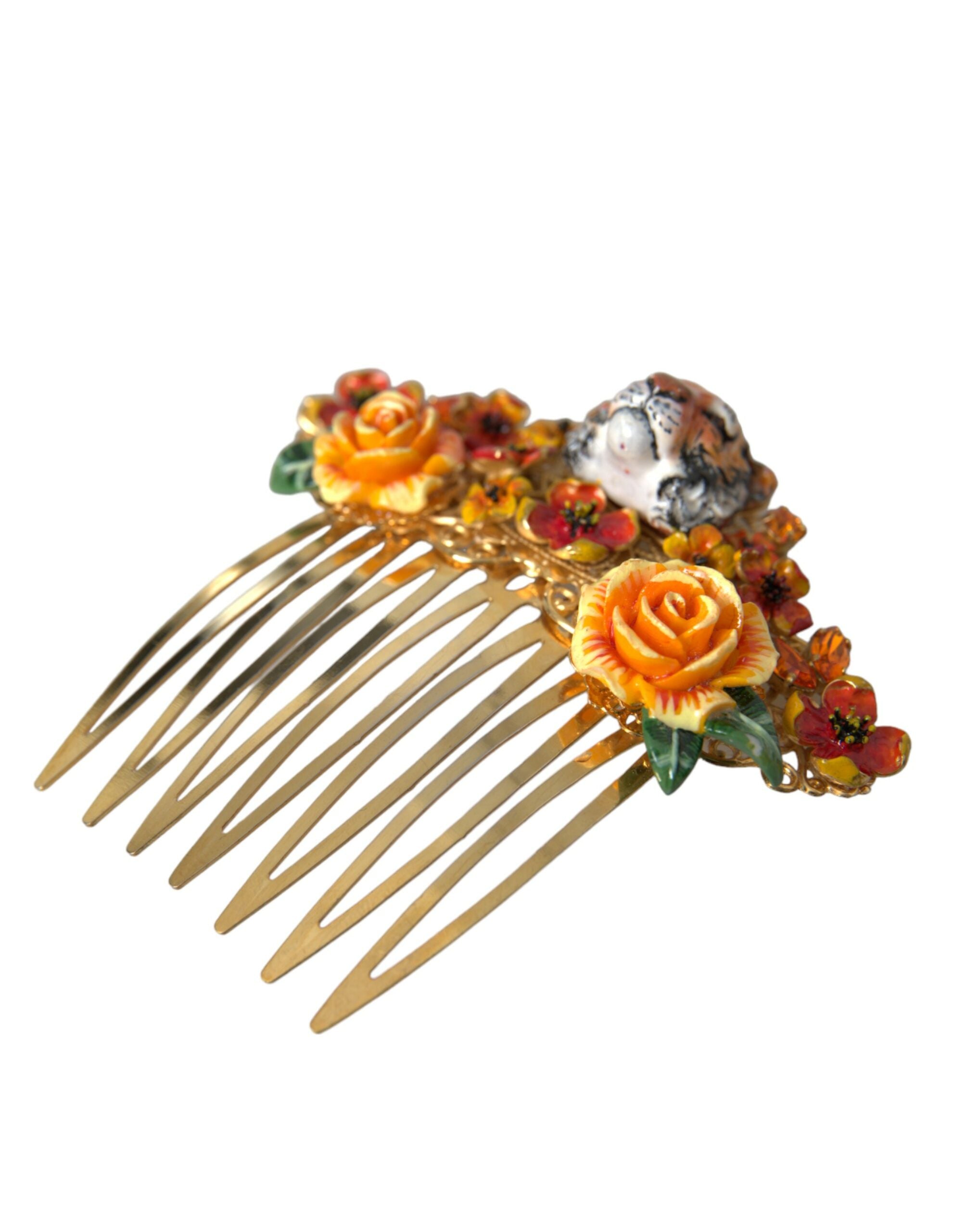 Dolce &amp; Gabbana – Haarkamm aus goldenem Messing mit Kristallen und Leopardenmuster