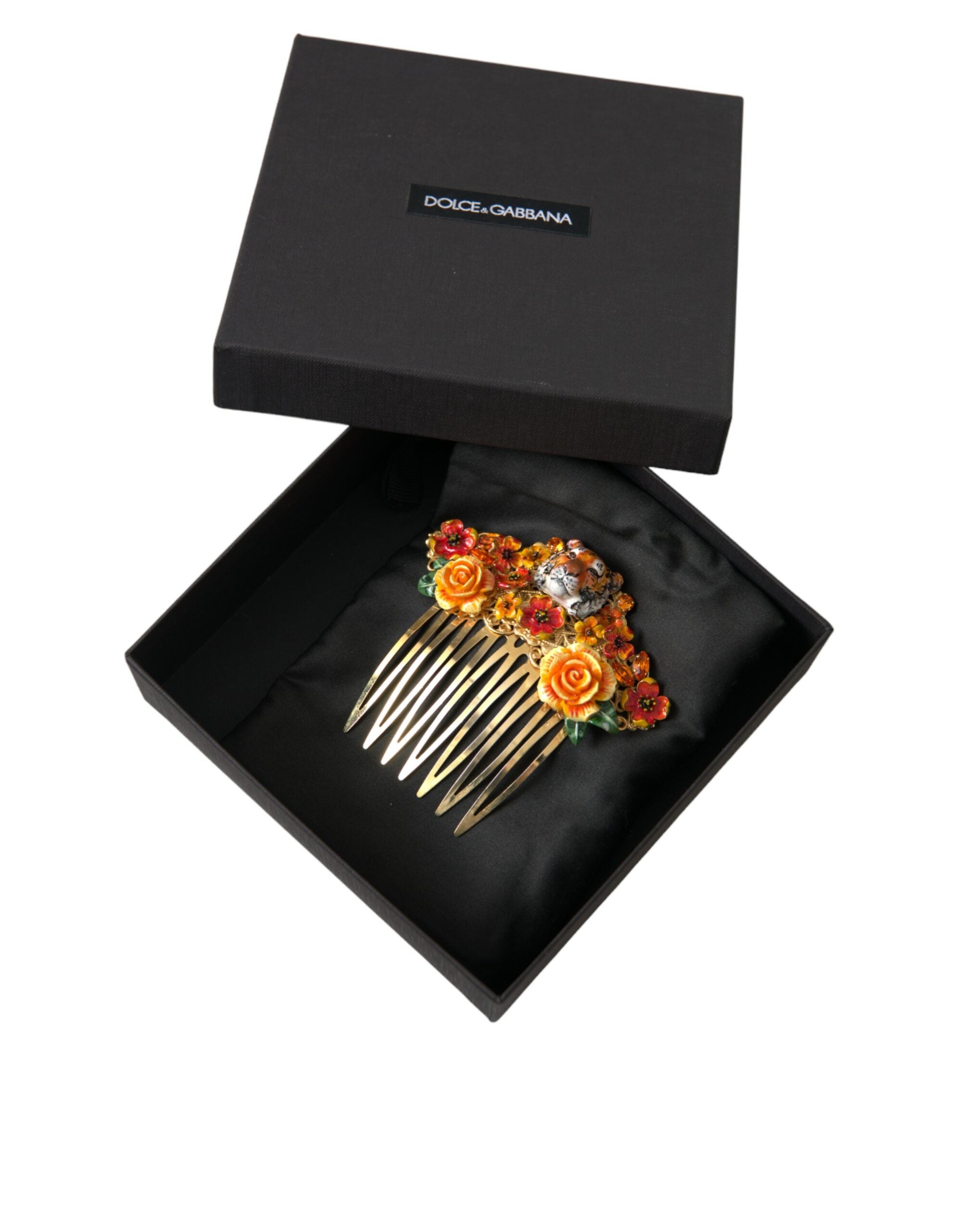 Dolce &amp; Gabbana – Haarkamm aus goldenem Messing mit Kristallen und Leopardenmuster