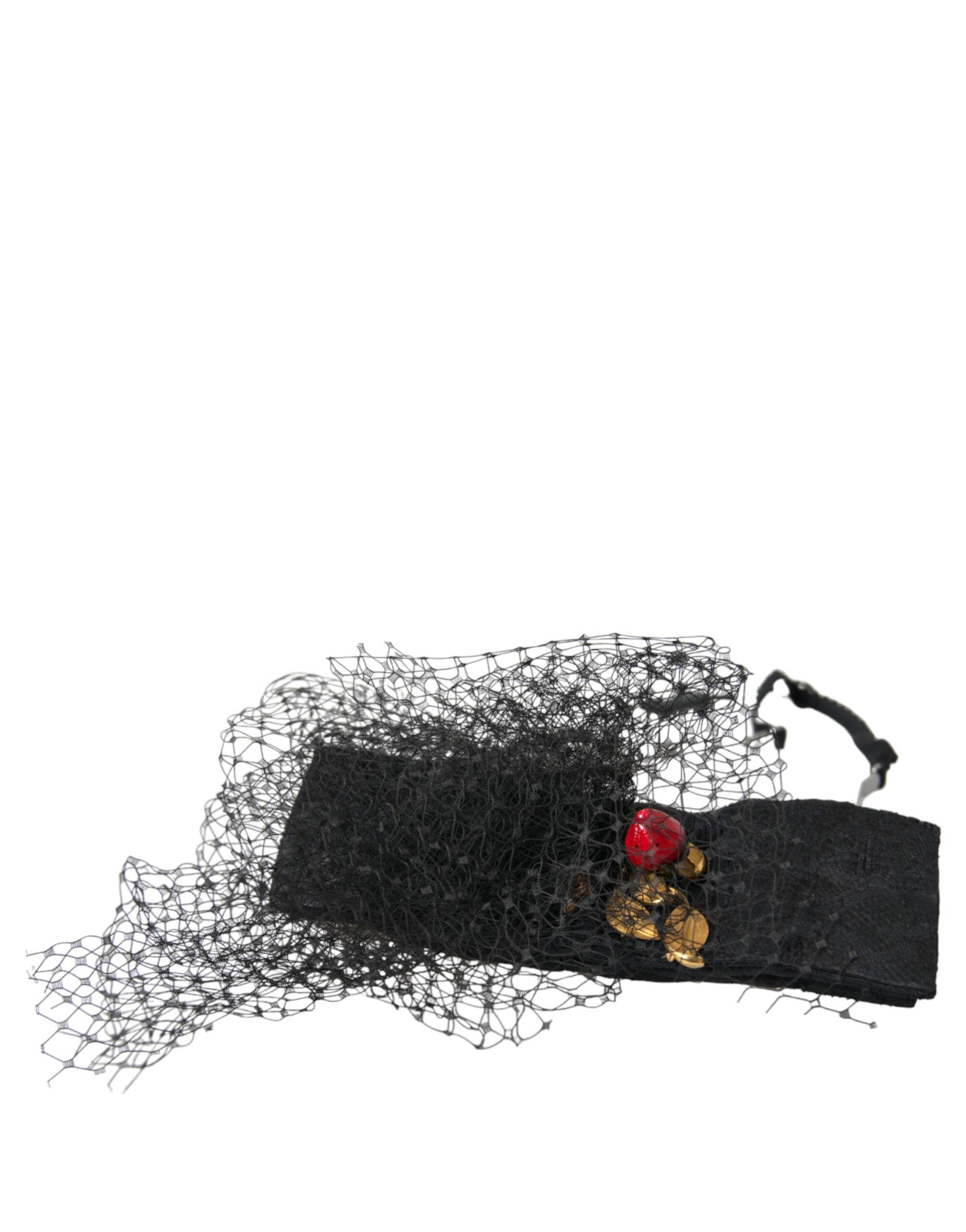Dolce &amp; Gabbana Schwarzes Erdbeer-Sizilien-Kristallnetz-Stirnband-Diadem