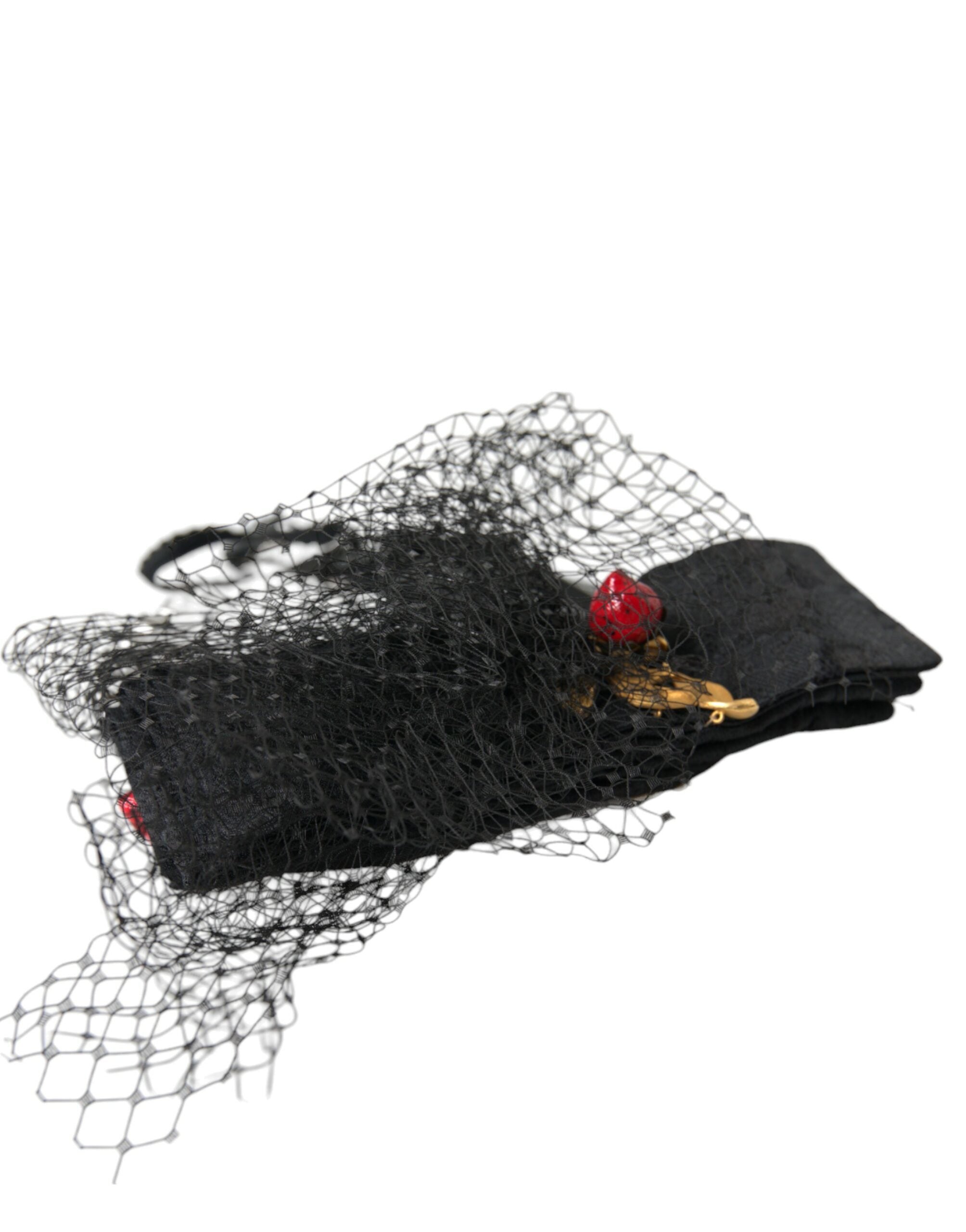 Dolce &amp; Gabbana Schwarzes Erdbeer-Sizilien-Kristallnetz-Stirnband-Diadem
