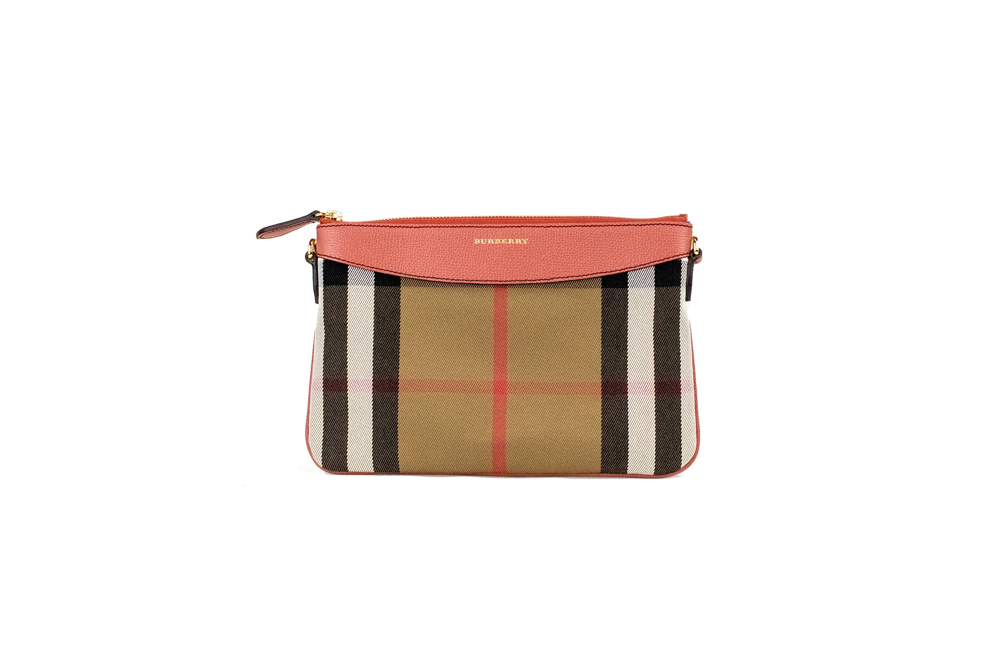 Burberry – Peyton House Check – Derby-Umhängetasche aus genarbtem Leder in Zimtrot