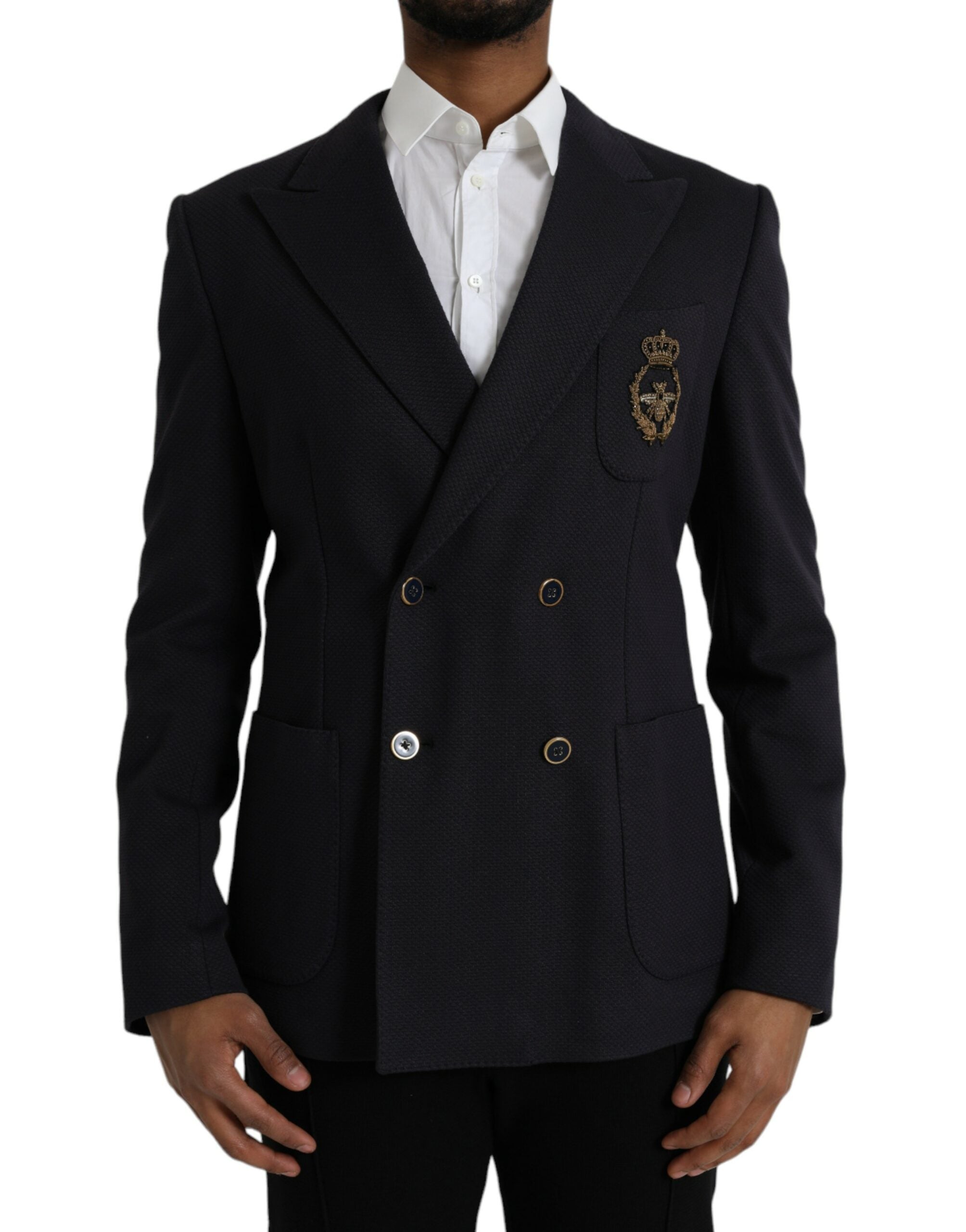 Dolce &amp; Gabbana Dunkelblauer Zweireihiger Blazer mit Kronenbiene