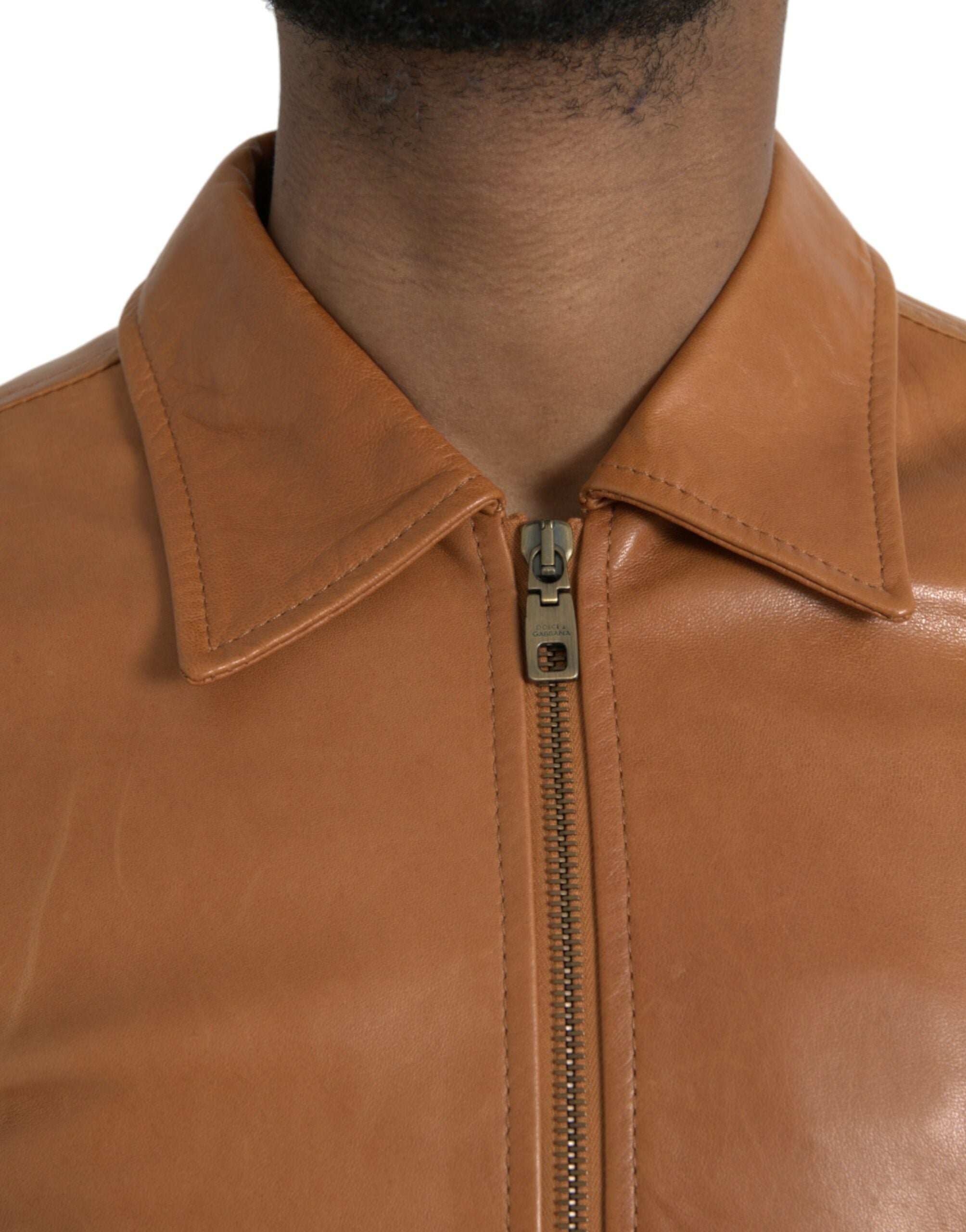 Dolce &amp; Gabbana – Blousonjacke aus braunem Lammleder mit durchgehendem Reißverschluss