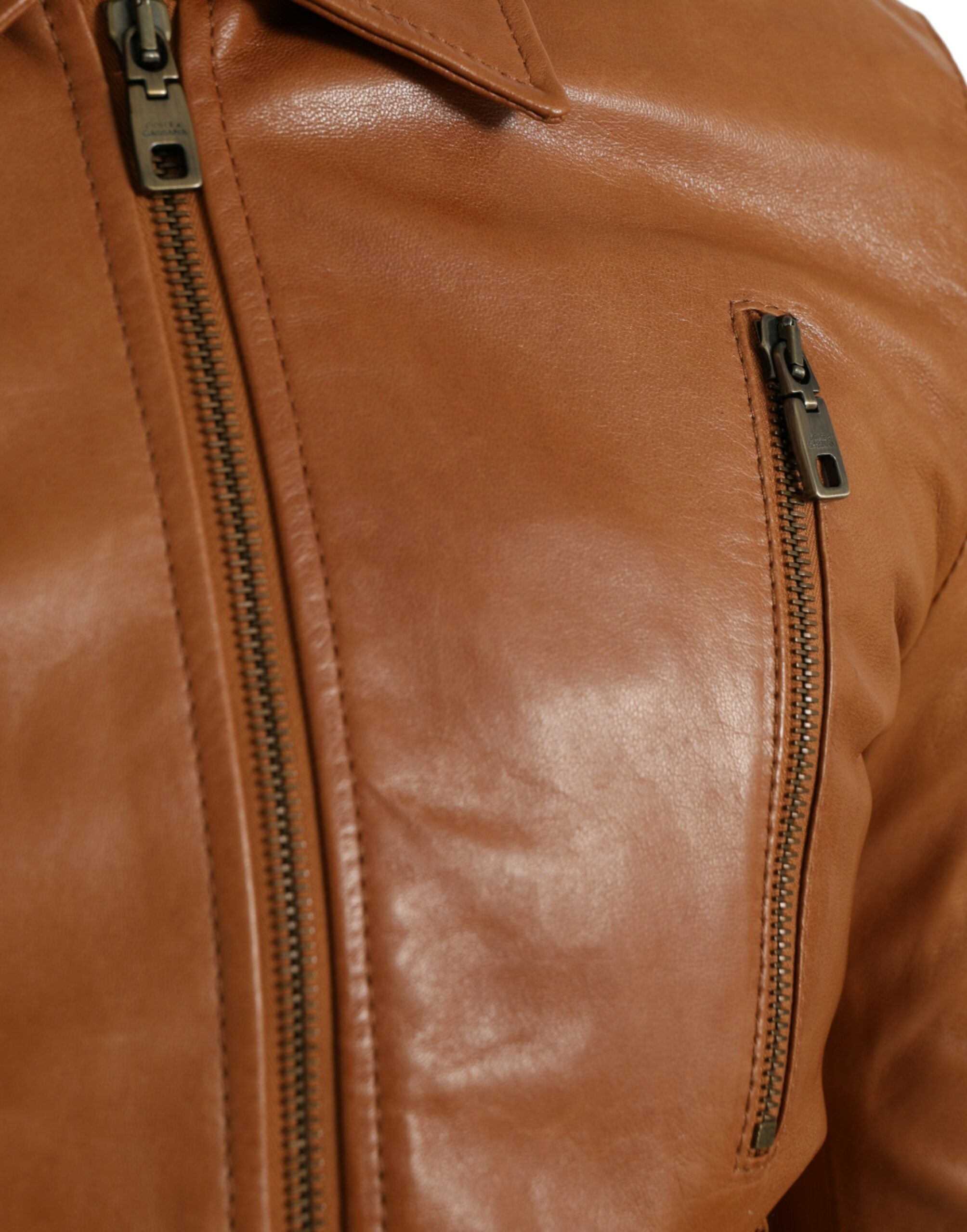 Dolce &amp; Gabbana – Blousonjacke aus braunem Lammleder mit durchgehendem Reißverschluss