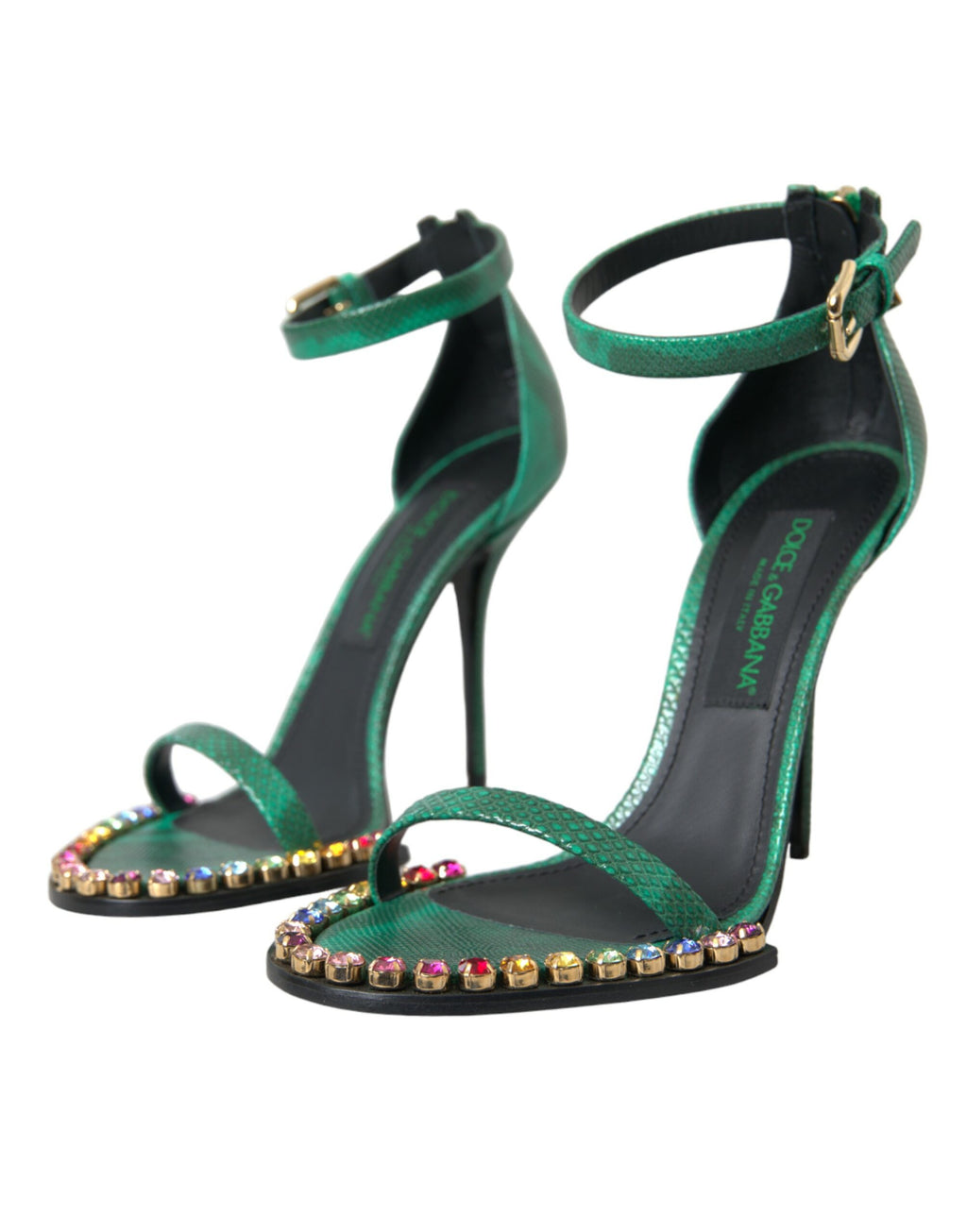 Dolce &amp; Gabbana Grüne Sandalen aus exotischem Leder mit Kristallen