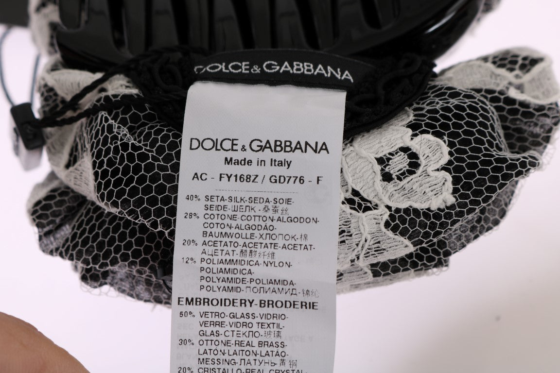 Dolce &amp; Gabbana – Elegante Haarklammer aus floraler Spitze in Schwarz und Weiß mit Kristallen