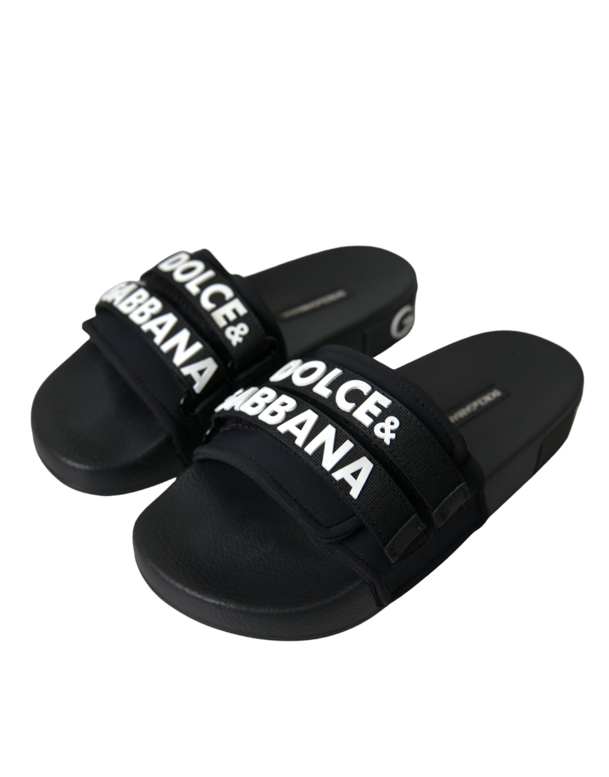 Dolce &amp; Gabbana Schwarze Neopren-Slides Flats Beachwear-Schuhe