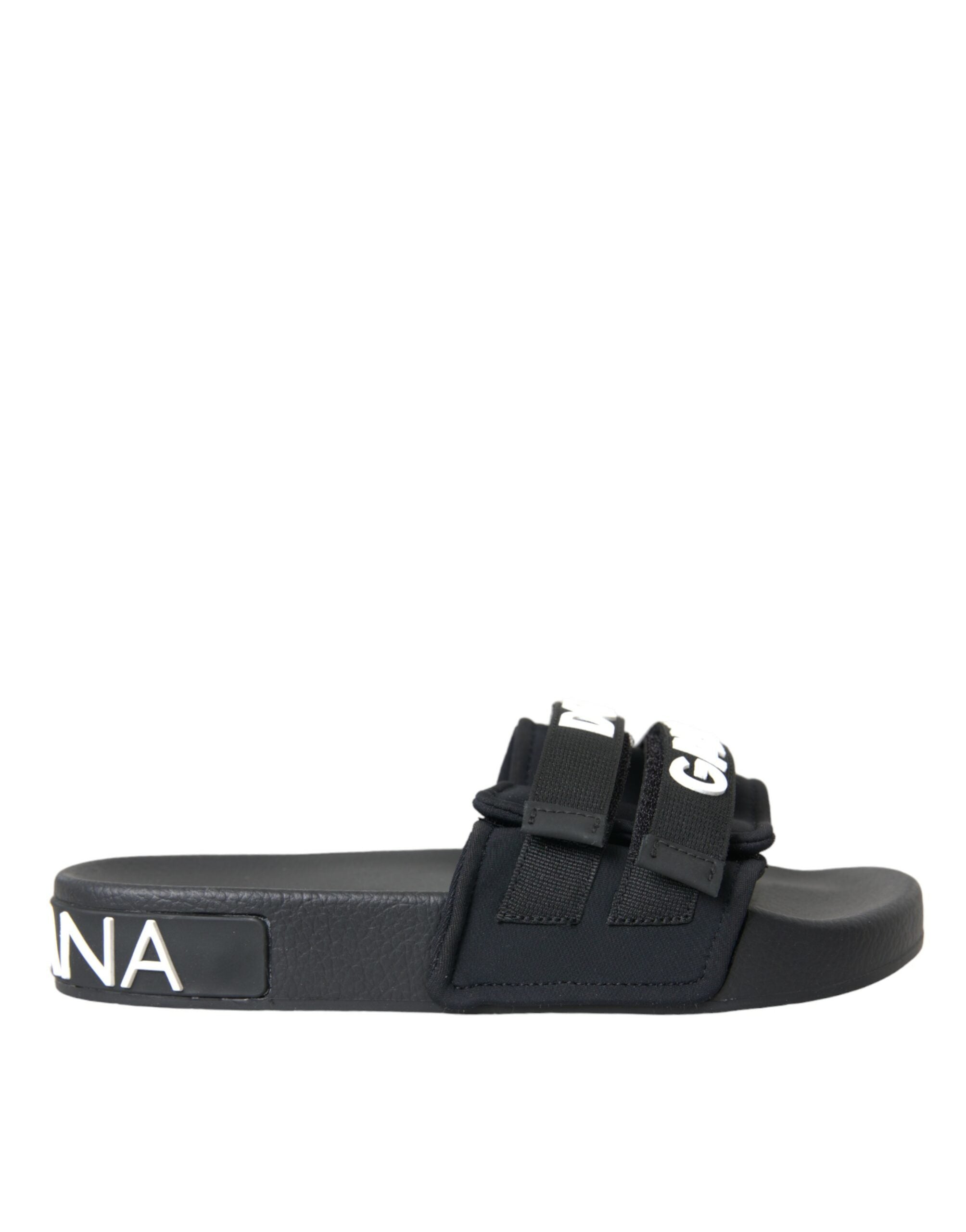 Dolce &amp; Gabbana Schwarze Neopren-Slides Flats Beachwear-Schuhe