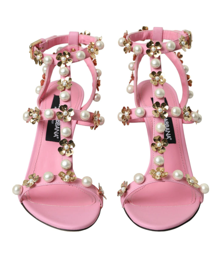Dolce &amp; Gabbana Rosa Leder verziert Heels Sandalen Schuhe