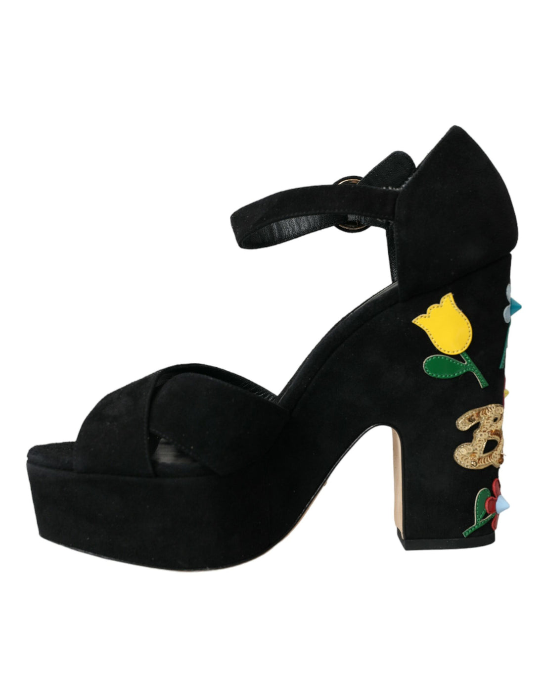 Dolce &amp; Gabbana Schwarze Sandalen mit Knöchelriemen und Blumenmuster