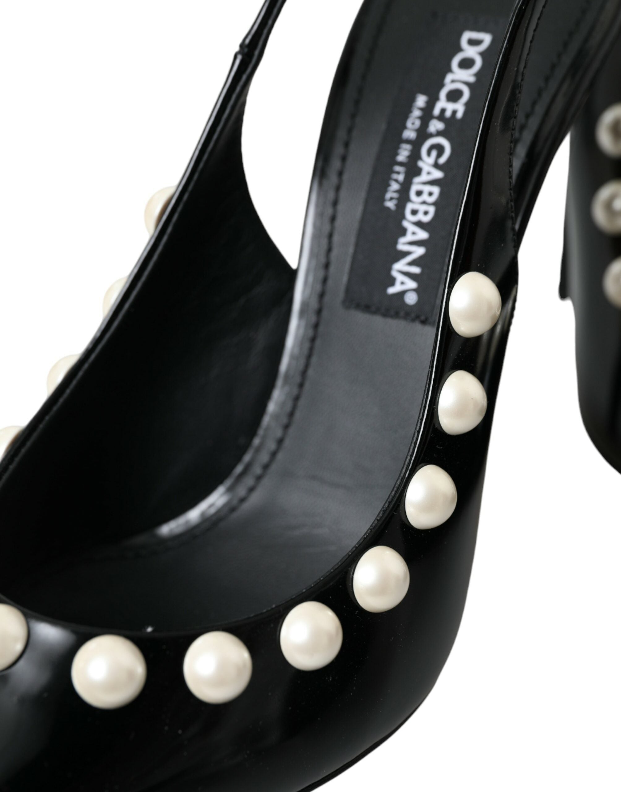 Dolce &amp; Gabbana – Slingback-Schuhe aus schwarzem Leder mit Kunstperlenabsatz