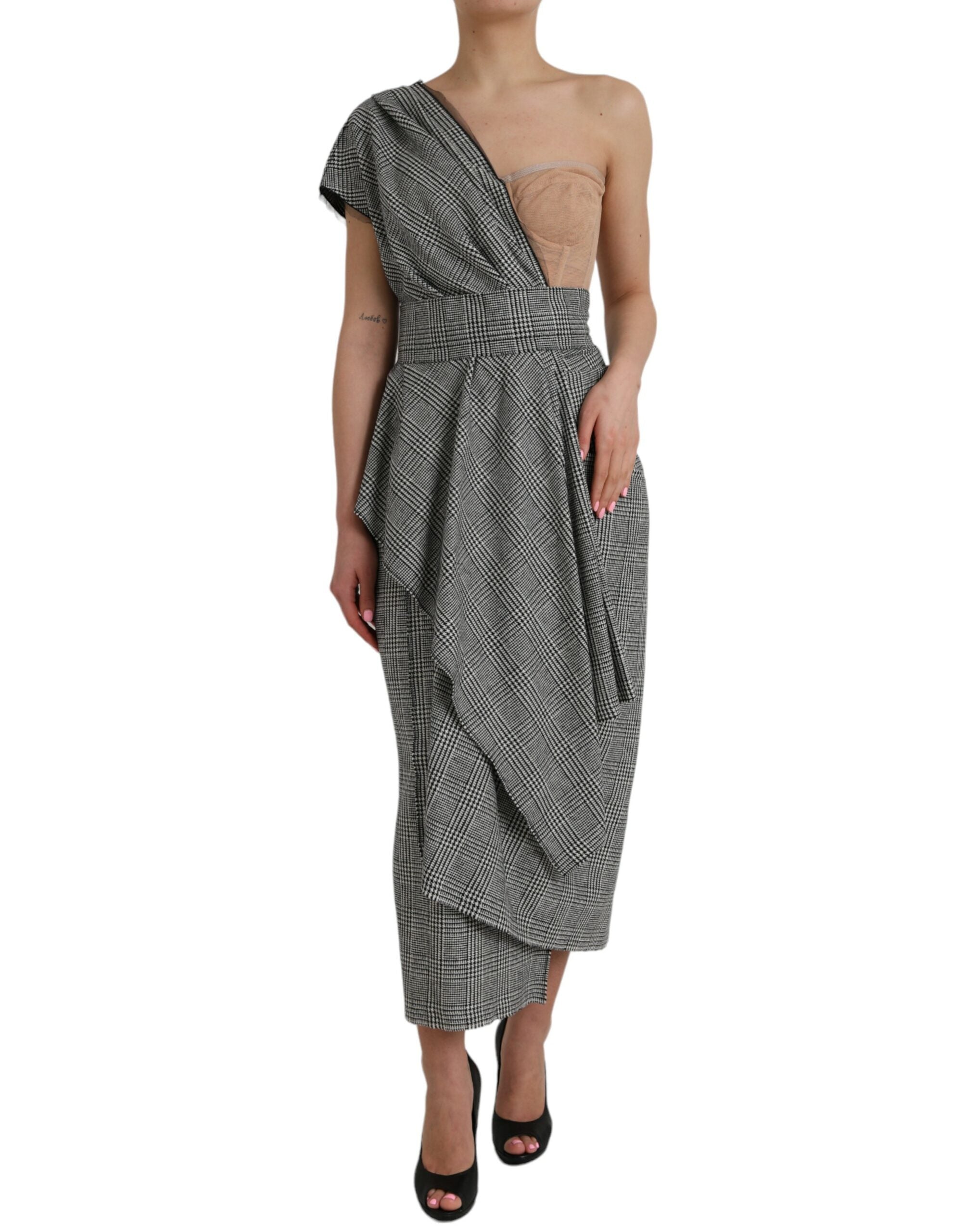 Dolce &amp; Gabbana Grau-Beige mehrlagiges Maxikleid mit einer Schulter